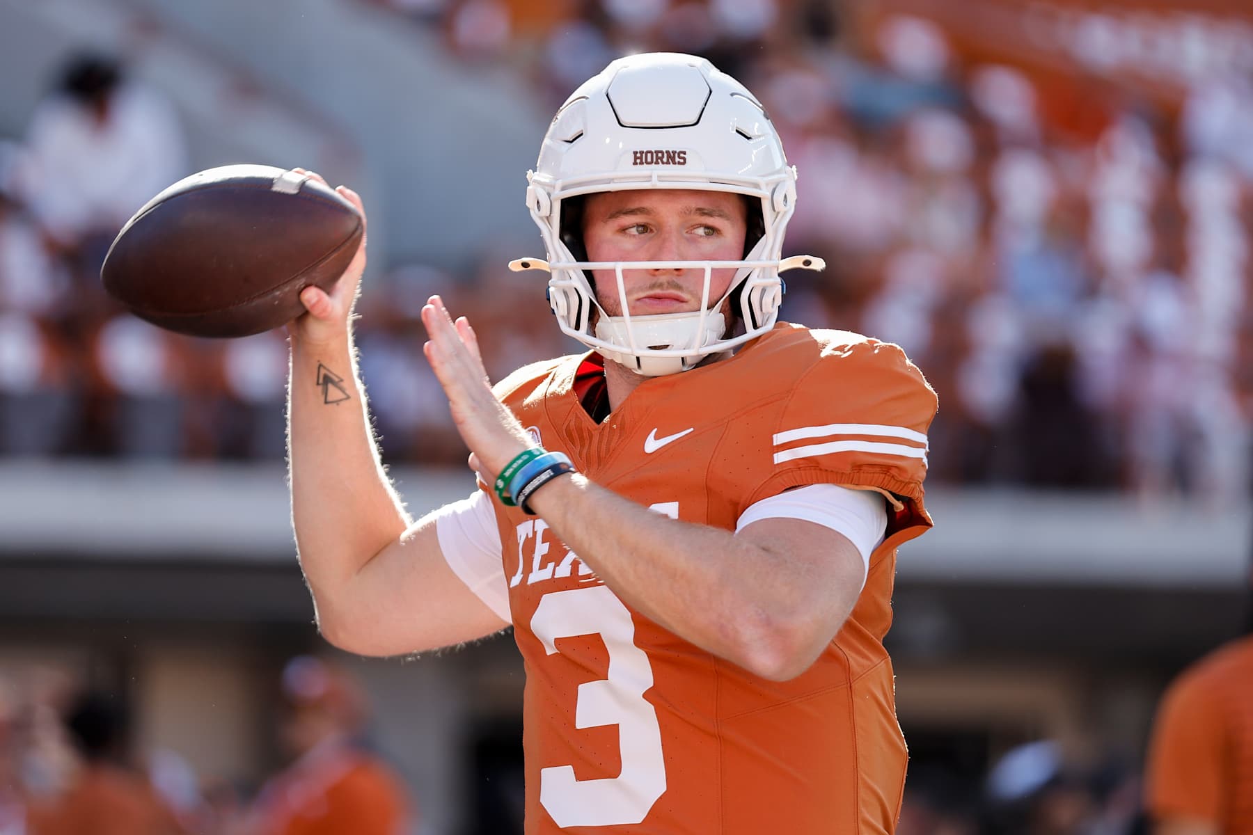 AUSTIN, TEXAS - NOVEMBER 23: Quinn Ewers #3 of the Texas Longhorns warms up before the game against the Kentucky Wildcats at Darrell K Royal-Texas Memorial Stadium on November 23, 2024 in Austin, Texas. (Photo by Tim Warner/Getty Images)