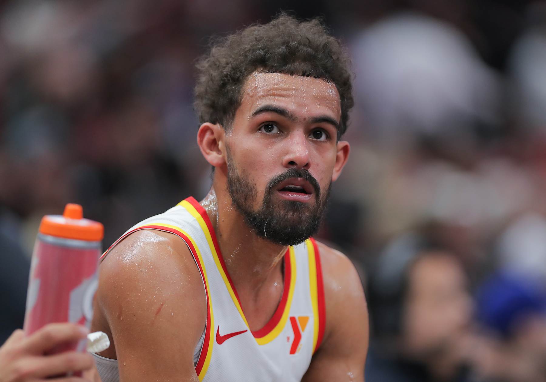 CHICAGO, IL - NOVEMBER 22: Trae Young #11 of the Atlanta Hawks looks on from the bench during the second half of the NBA In-Season Tournament against the Chicago Bulls on November, 22, 2024 at the United Center in Chicago, Illinois. (Photo by Melissa Tamez/Icon Sportswire via Getty Images)