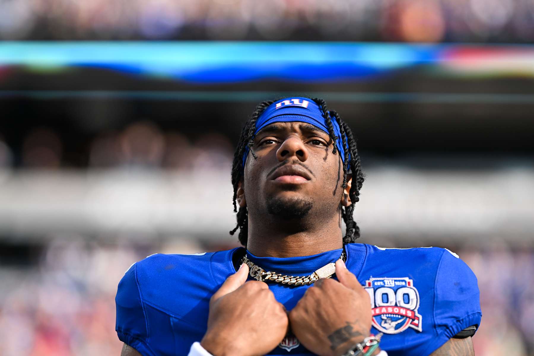 EAST RUTHERFORD, NEW JERSEY - NOVEMBER 24: Malik Nabers #1 of the New York Giants stands on the field prior to the start of the game against the Tampa Bay Buccaneers at MetLife Stadium on November 24, 2024 in East Rutherford, New Jersey. (Photo by Kathryn Riley/Getty Images)
