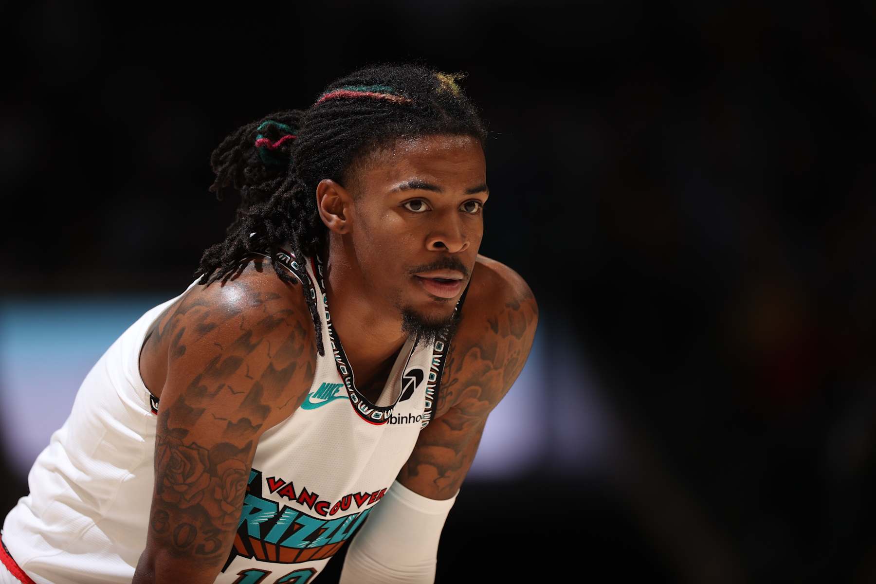 MEMPHIS, TN - NOVEMBER 6: Ja Morant #12 of the Memphis Grizzlies looks on during the game against the Los Angeles Lakers on November 6, 2024 at FedExForum in Memphis, Tennessee. NOTE TO USER: User expressly acknowledges and agrees that, by downloading and or using this photograph, User is consenting to the terms and conditions of the Getty Images License Agreement. Mandatory Copyright Notice: Copyright 2024 NBAE (Photo by Joe Murphy/NBAE via Getty Images)