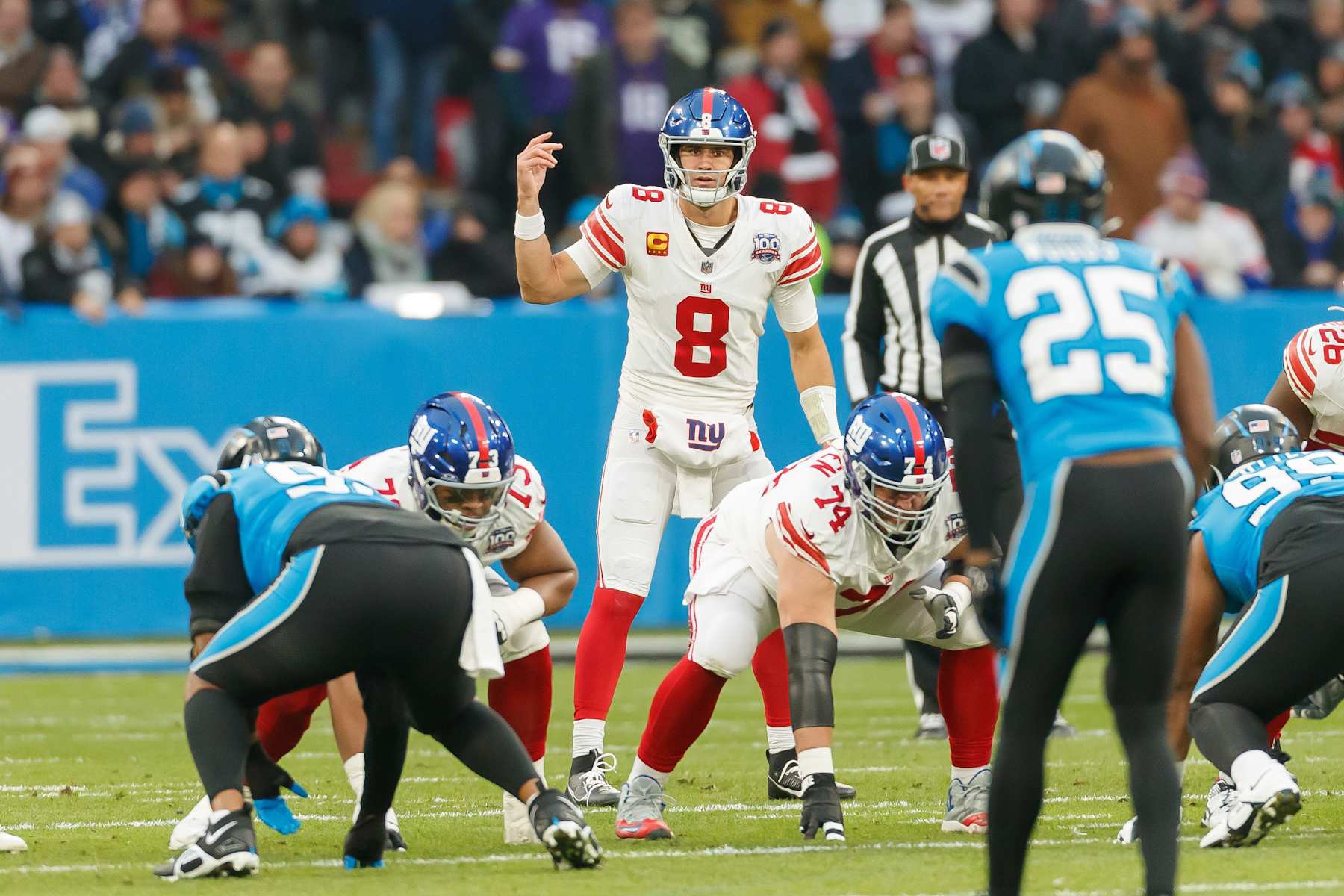 Munich, Germany - November 10: Daniel Jones of New York Giants gestures during the NFL Munich Game 2024 match between New York Giants and Carolina Panthers at Allianz Arena on November 10, 2024 in Munich, Germany. (Photo by Mario Hommes/DeFodi Images via Getty Images)