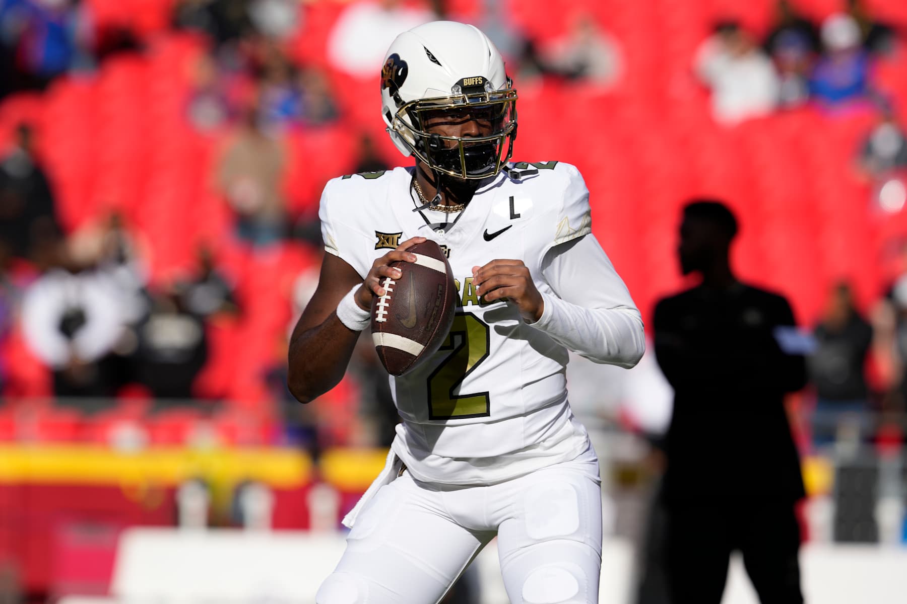KANSAS CITY, MISSOURI - NOVEMBER 23:  Quarterback Shedeur Sanders #2 of the Colorado Buffaloes warms up prior to a game against the Kansas Jayhawks at Arrowhead Stadium on November 23, 2024 in Kansas City, Missouri.  (Photo by Ed Zurga/Getty Images)