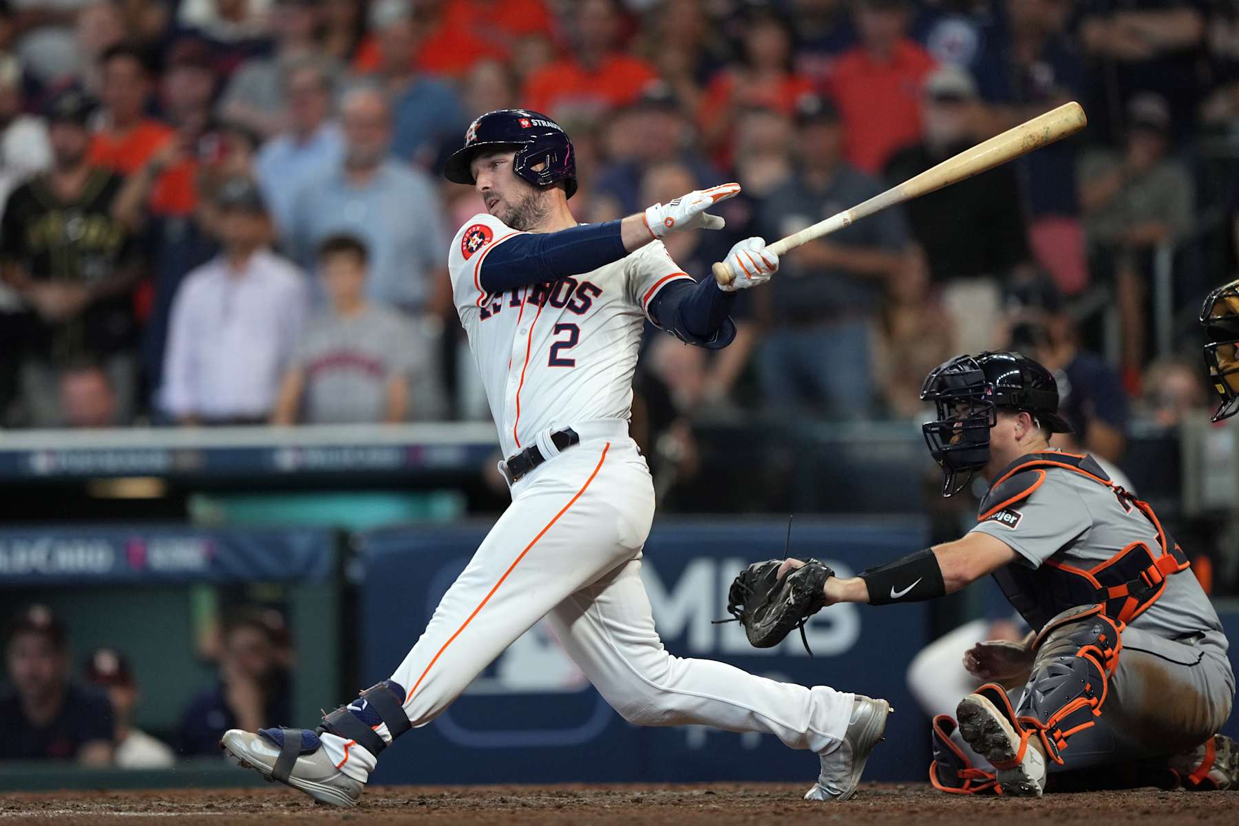 HOUSTON, TX - OCTOBER 01: Alex Bregman #2 of the Houston Astros singles in the ninth inning during Game 1 of the Wild Card Series presented by T-Mobile 5G Home Internet between the Detroit Tigers and the Houston Astros at Minute Maid Park on Tuesday, October 1, 2024 in Houston, Texas. (Photo by Alex Bierens de Haan/MLB Photos via Getty Images)