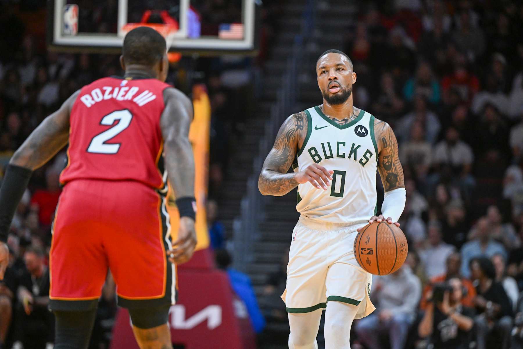 MIAMI, FL - NOVEMBER 26:  Damian Lillard #0 of the Milwaukee Bucks dribbles the ball during the NBA Cup game against the Miami Heat on November 26, 2024 at Kaseya Center in Miami, Florida. NOTE TO USER: User expressly acknowledges and agrees that, by downloading and or using this Photograph, user is consenting to the terms and conditions of the Getty Images License Agreement. Mandatory Copyright Notice: Copyright 2024 NBAE (Photo by Chris Tilley/NBAE via Getty Images)