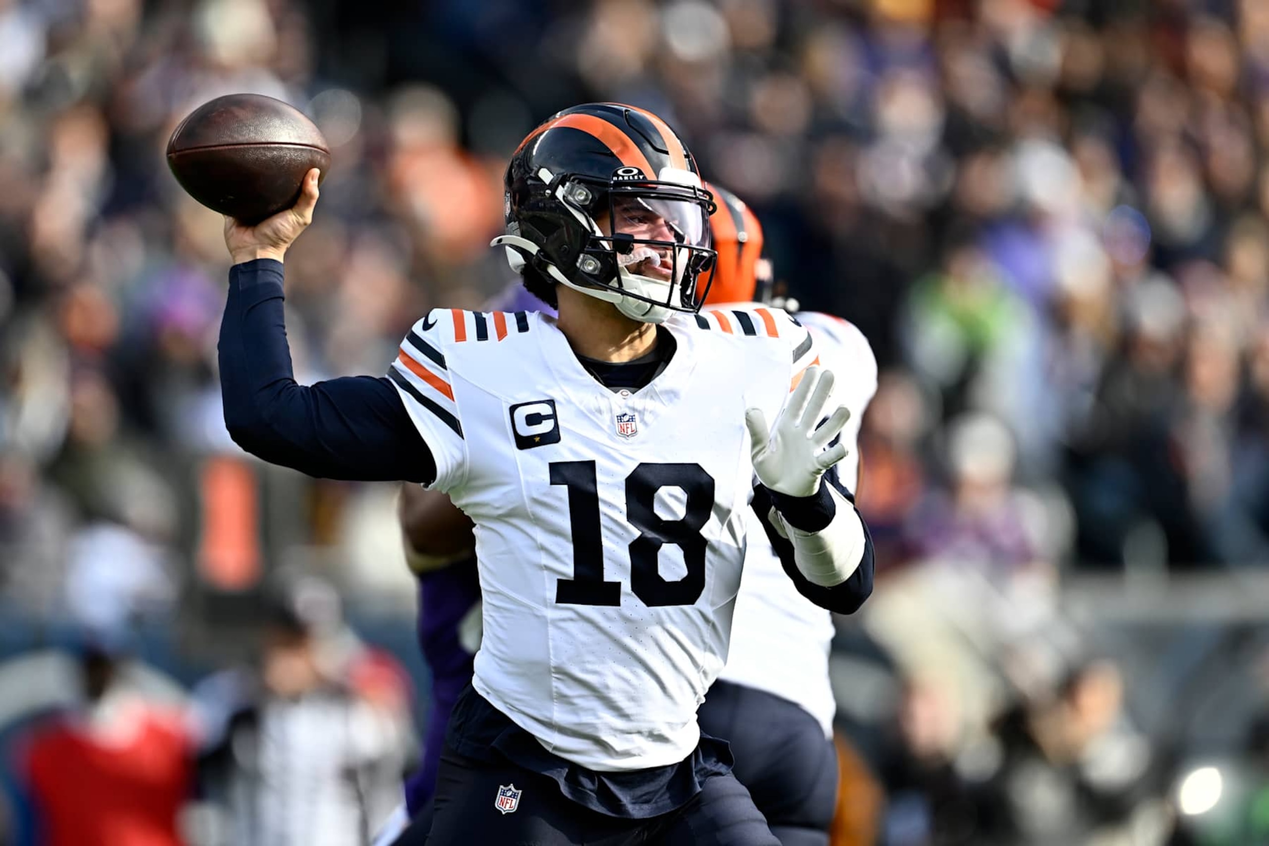 CHICAGO, ILLINOIS - NOVEMBER 24: Caleb Williams #18 of the Chicago Bears throws a pass during the first quarter against the Minnesota Vikings at Soldier Field on November 24, 2024 in Chicago, Illinois. (Photo by Quinn Harris/Getty Images) CHICAGO, ILLINOIS - NOVEMBER 24: Caleb Williams #18 of the Chicago Bears throws a pass during the first quarter against the Minnesota Vikings at Soldier Field on November 24, 2024 in Chicago, Illinois. (Photo by Quinn Harris/Getty Images)