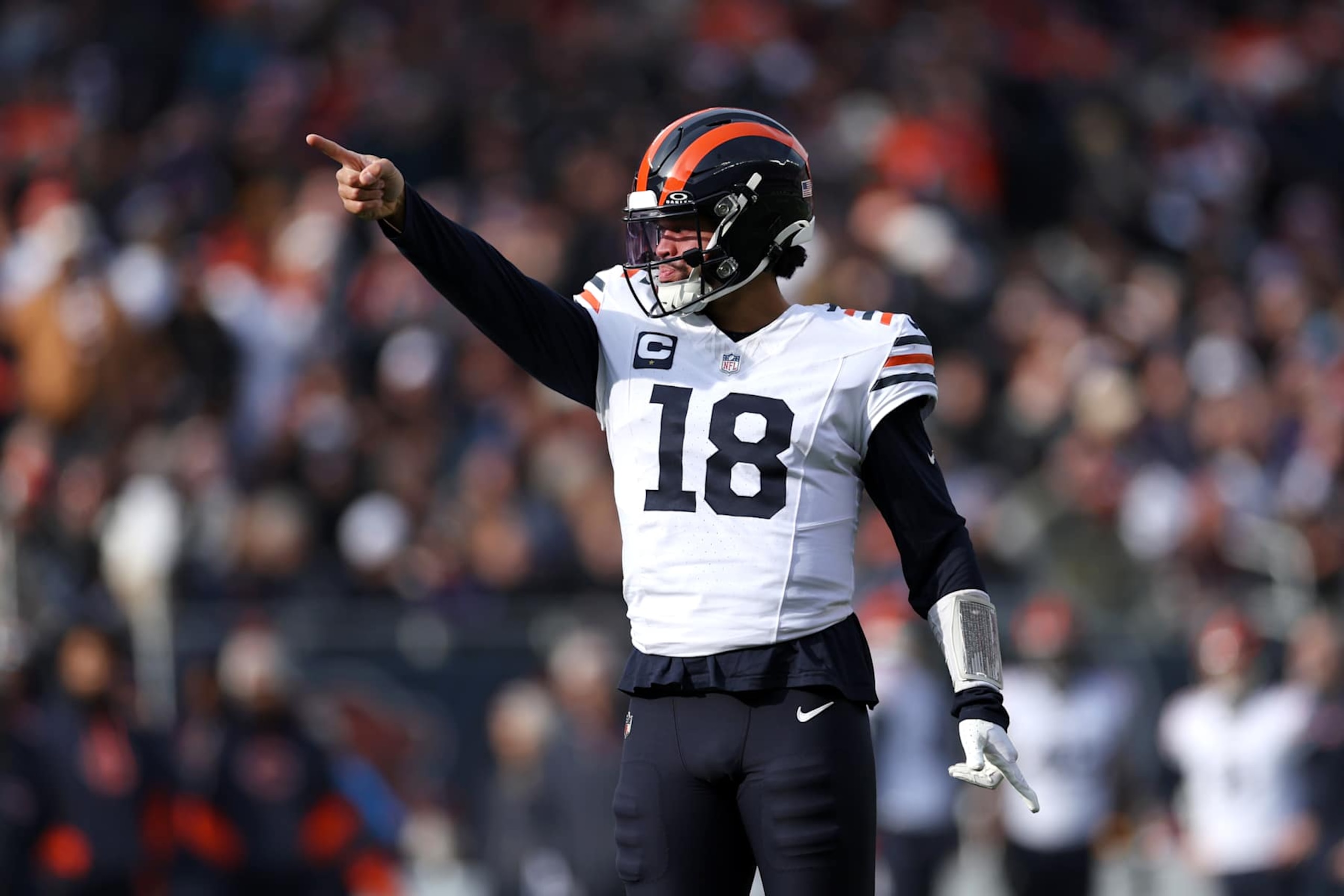CHICAGO, ILLINOIS - NOVEMBER 24: Caleb Williams #18 of the Chicago Bears reacts after a first down during the first quarter against the Minnesota Vikings at Soldier Field on November 24, 2024 in Chicago, Illinois. (Photo by Luke Hales/Getty Images) CHICAGO, ILLINOIS - NOVEMBER 24: Caleb Williams #18 of the Chicago Bears reacts after a first down during the first quarter against the Minnesota Vikings at Soldier Field on November 24, 2024 in Chicago, Illinois. (Photo by Luke Hales/Getty Images)
