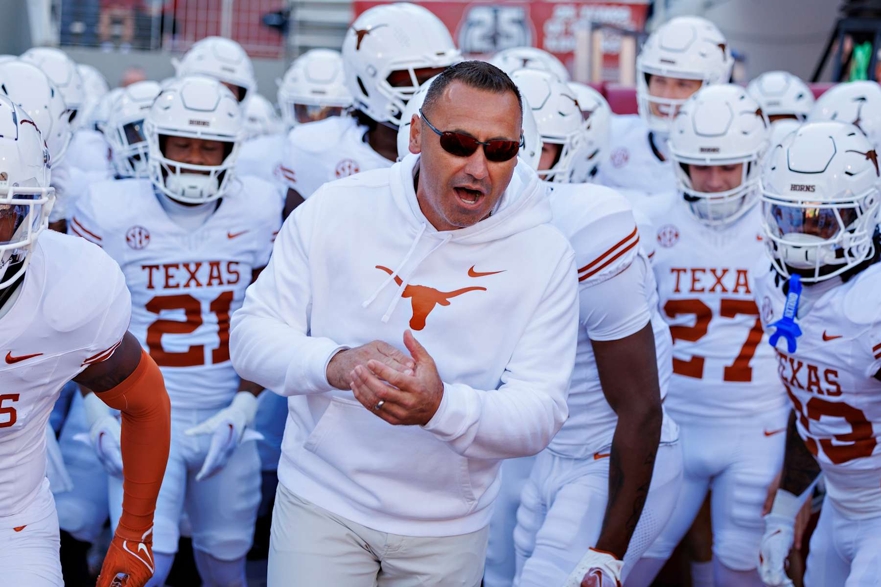 FAYETTEVILLE, ARKANSAS - NOVEMBER 16: Head Coach Steve Sarkisian of the Texas Longhorns leads his team onto the field before a game against the Arkansas Razorbacks at Donald W. Reynolds Razorback Stadium on November 16, 2024 in Fayetteville, Arkansas. The Longhorns defeated the Razorbacks 20-10.  (Photo by Wesley Hitt/Getty Images)