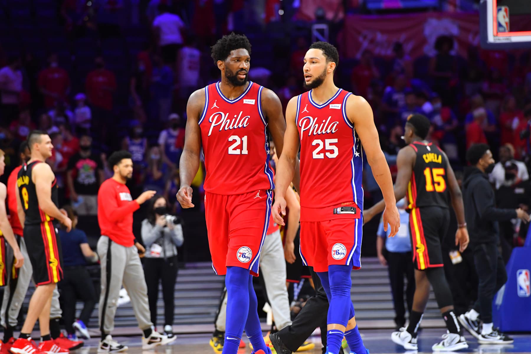PHILADELPHIA, PA - JUNE 6: Joel Embiid #21 of the Philadelphia 76ers and Ben Simmons #25 of the Philadelphia 76ers talk after a game during Round 2, Game 1 of the Eastern Conference Playoffs on June 6, 2021 at Wells Fargo Center in Philadelphia, Pennsylvania. NOTE TO USER: User expressly acknowledges and agrees that, by downloading and/or using this Photograph, user is consenting to the terms and conditions of the Getty Images License Agreement. Mandatory Copyright Notice: Copyright 2021 NBAE (Photo by Jesse D. Garrabrant/NBAE via Getty Images)