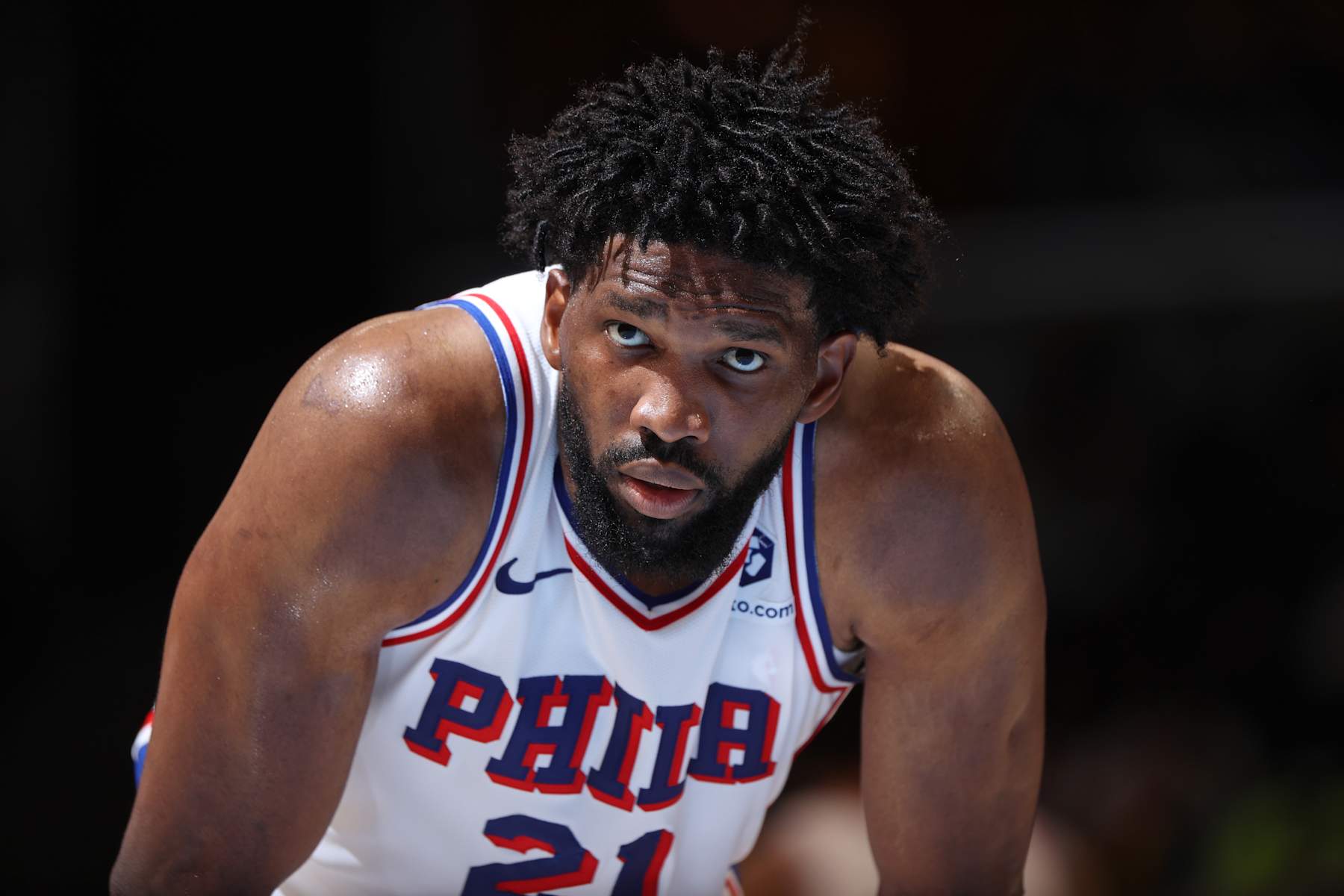 MEMPHIS, TN - NOVEMBER 22: Joel Embiid #21 of the Philadelphia 76ers looks on during the game against the Memphis Grizzlies on November 22, 2024 at FedExForum in Memphis, Tennessee. NOTE TO USER: User expressly acknowledges and agrees that, by downloading and or using this photograph, User is consenting to the terms and conditions of the Getty Images License Agreement. Mandatory Copyright Notice: Copyright 2024 NBAE (Photo by Joe Murphy/NBAE via Getty Images)
