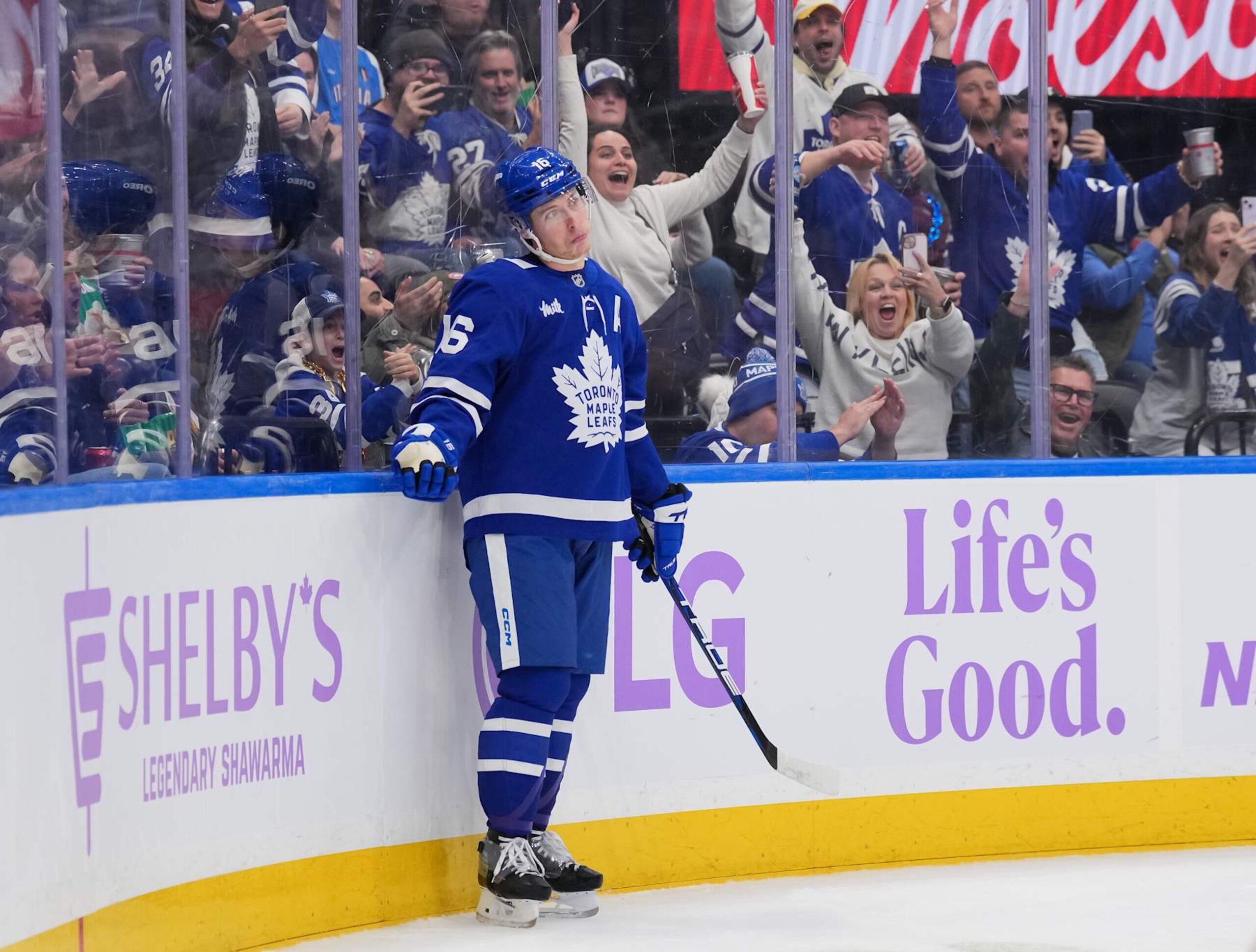 TORONTO, CANADA - NOVEMBER 24: Mitch Marner #16 of the Toronto Maple Leafs celebrates his second period goal against Utah Hockey Club at Scotiabank Arena on November 24, 2024 in Toronto, Ontario, Canada. (Photo by Chris Tanouye/Getty Images)