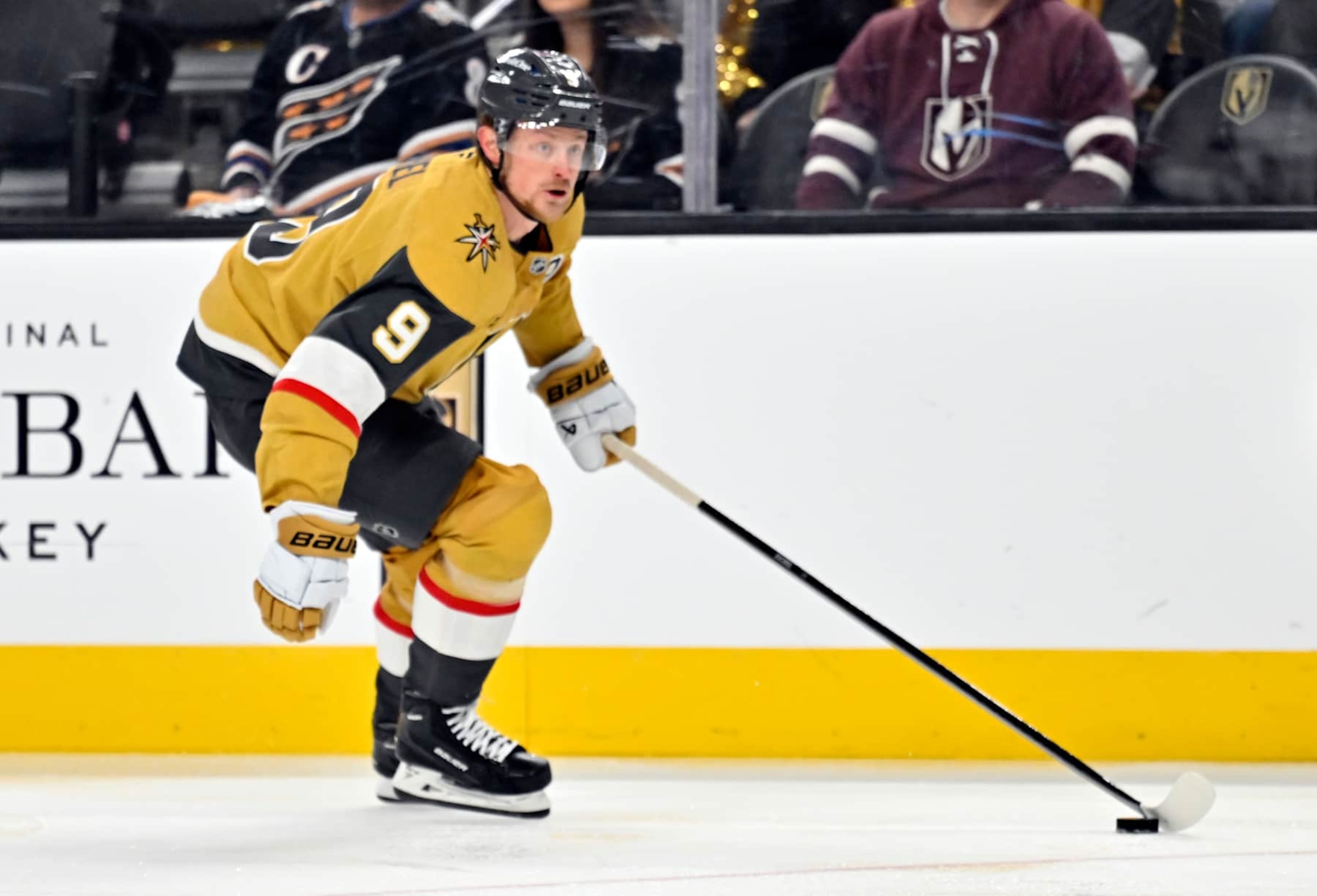 LAS VEGAS, NEVADA - NOVEMBER 17: Jack Eichel #9 of the Vegas Golden Knights skates with the puck against the Washington Capitals during a game at T-Mobile Arena on November 17, 2024 in Las Vegas, Nevada. (Photo by David Becker/NHLI via Getty Images)