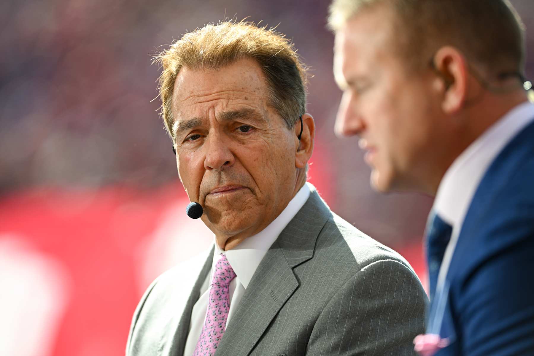 BLOOMINGTON, IN - OCTOBER 26: ESPN College GameDay analyst and former Alabama head coach Nick Saban on set prior to a college football game between the Washington Huskies and Indiana Hoosiers on October 26, 2024 at Memorial Stadium in Bloomington, IN (Photo by James Black/Icon Sportswire via Getty Images)