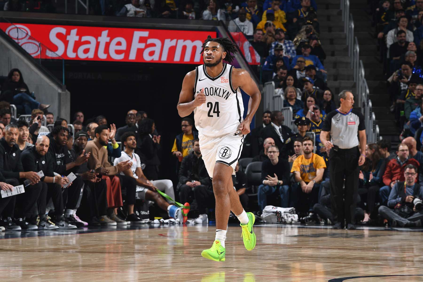 SAN FRANCISCO, CA - NOVEMBER 25: Cam Thomas #24 of the Brooklyn Nets looks on during the game against the Golden State Warriors on November 25, 2024 at Chase Center in San Francisco, California. NOTE TO USER: User expressly acknowledges and agrees that, by downloading and or using this photograph, user is consenting to the terms and conditions of Getty Images License Agreement. Mandatory Copyright Notice: Copyright 2024 NBAE (Photo by Noah Graham/NBAE via Getty Images)