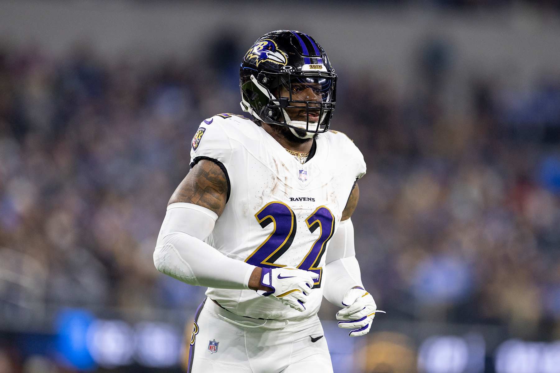 INGLEWOOD, CALIFORINA - NOVEMBER 25: Derrick Henry #22 of the Baltimore Ravens runs during an NFL Football game against the Los Angeles Chargers at SoFi Stadium on November 25, 2024 in Inglewood, Califorina. (Photo by Michael Owens/Getty Images)