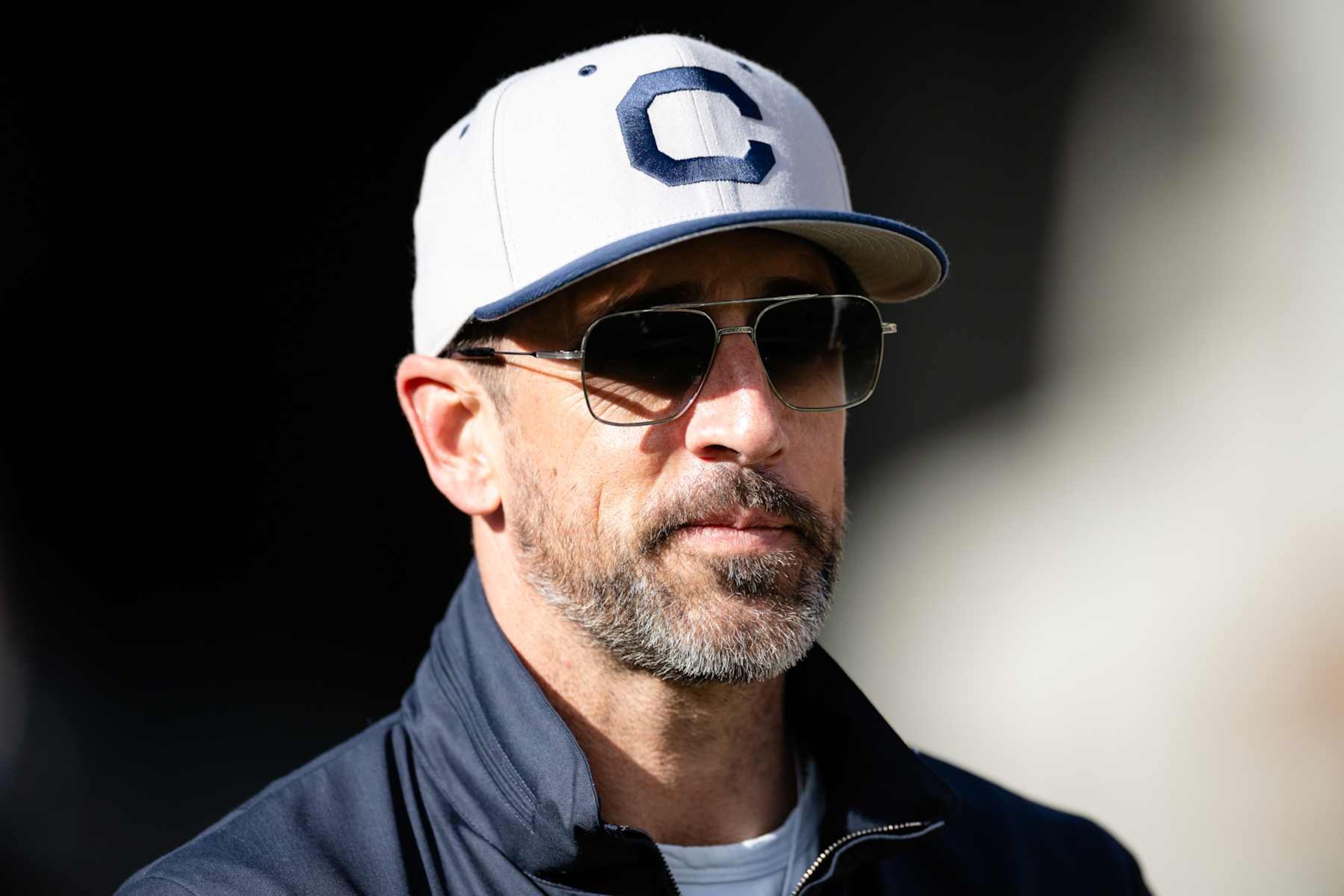 BERKELEY, CALIFORNIA - NOVEMBER 23: Aaron Rodgers looks on in the first half during a game between the California Golden Bears and the Stanford Cardinal at California Memorial Stadium on November 23, 2024 in Berkeley, California. (Photo by Thien-An Truong/ISI Photos/Getty Images)