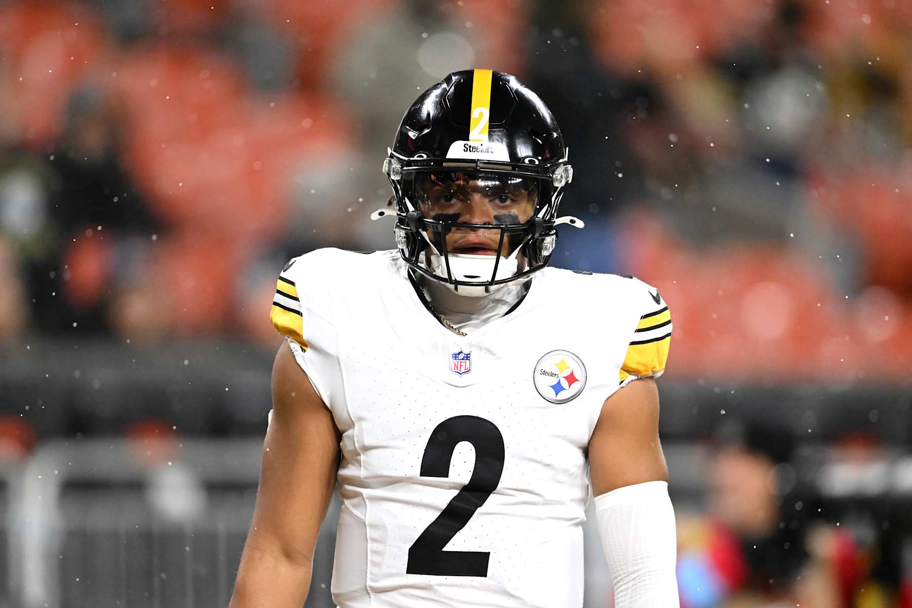 CLEVELAND, OHIO - NOVEMBER 21: Justin Fields #2 of the Pittsburgh Steelers warms up prior to the game against the Cleveland Browns at Huntington Bank Field on November 21, 2024 in Cleveland, Ohio. (Photo by Nick Cammett/Getty Images)