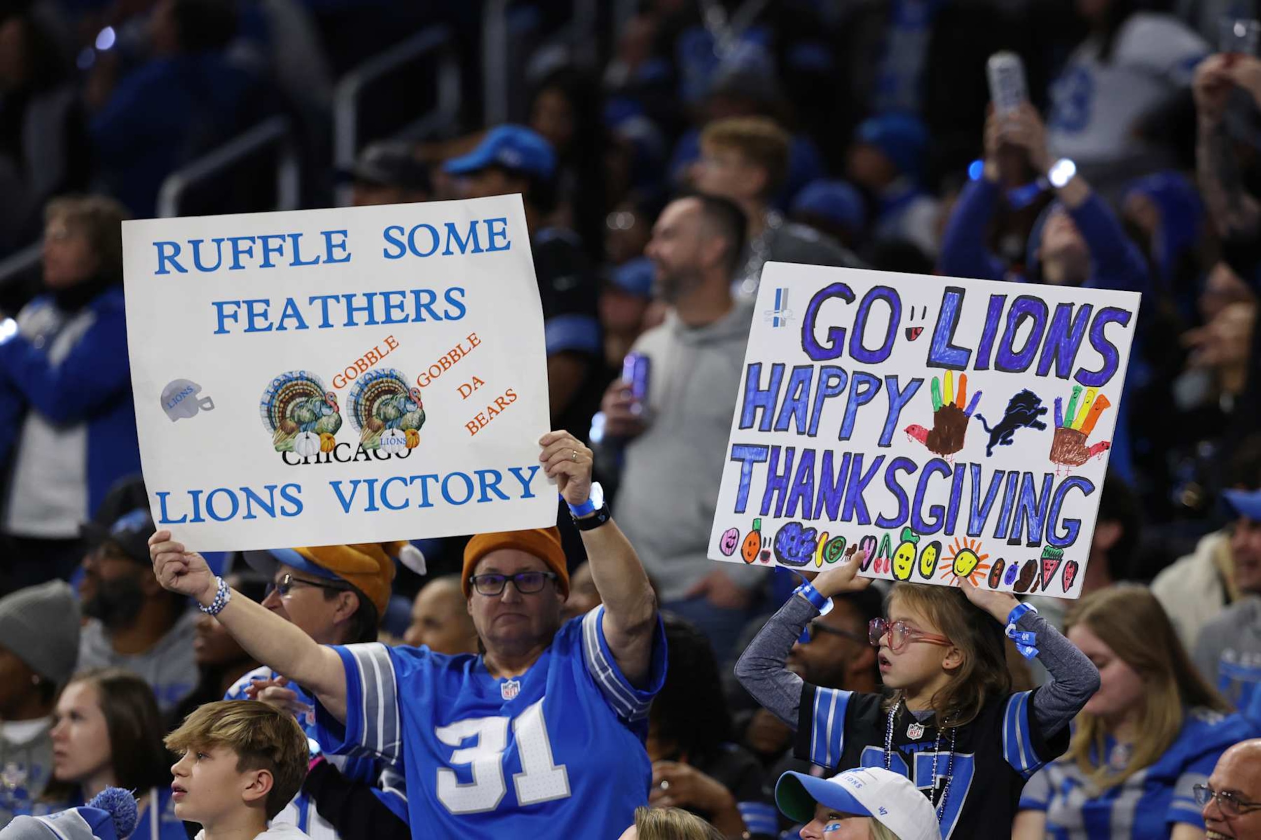 DETROIT, MICHIGAN - NOVEMBER 28: Detroit Lions fans are seen during the first half of a game against the Chicago Bears at Ford Field on November 28, 2024 in Detroit, Michigan. (Photo by Gregory Shamus/Getty Images) DETROIT, MICHIGAN - NOVEMBER 28: Detroit Lions fans are seen during the first half of a game against the Chicago Bears at Ford Field on November 28, 2024 in Detroit, Michigan. (Photo by Gregory Shamus/Getty Images)