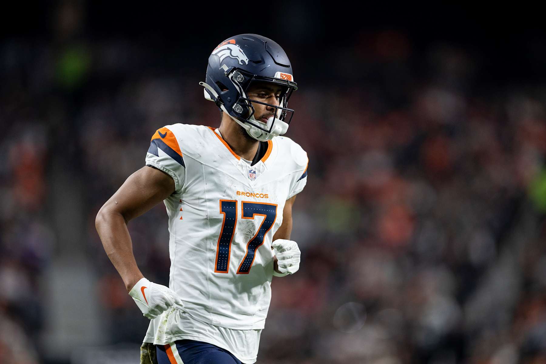 LAS VEGAS, NEVADA - NOVEMBER 24: Devaughn Vele #17 of the Denver Broncos runs during an NFL Football game against the Las Vegas Raiders at Allegiant Stadium on November 24, 2024 in Las Vegas, Nevada. (Photo by Michael Owens/Getty Images)