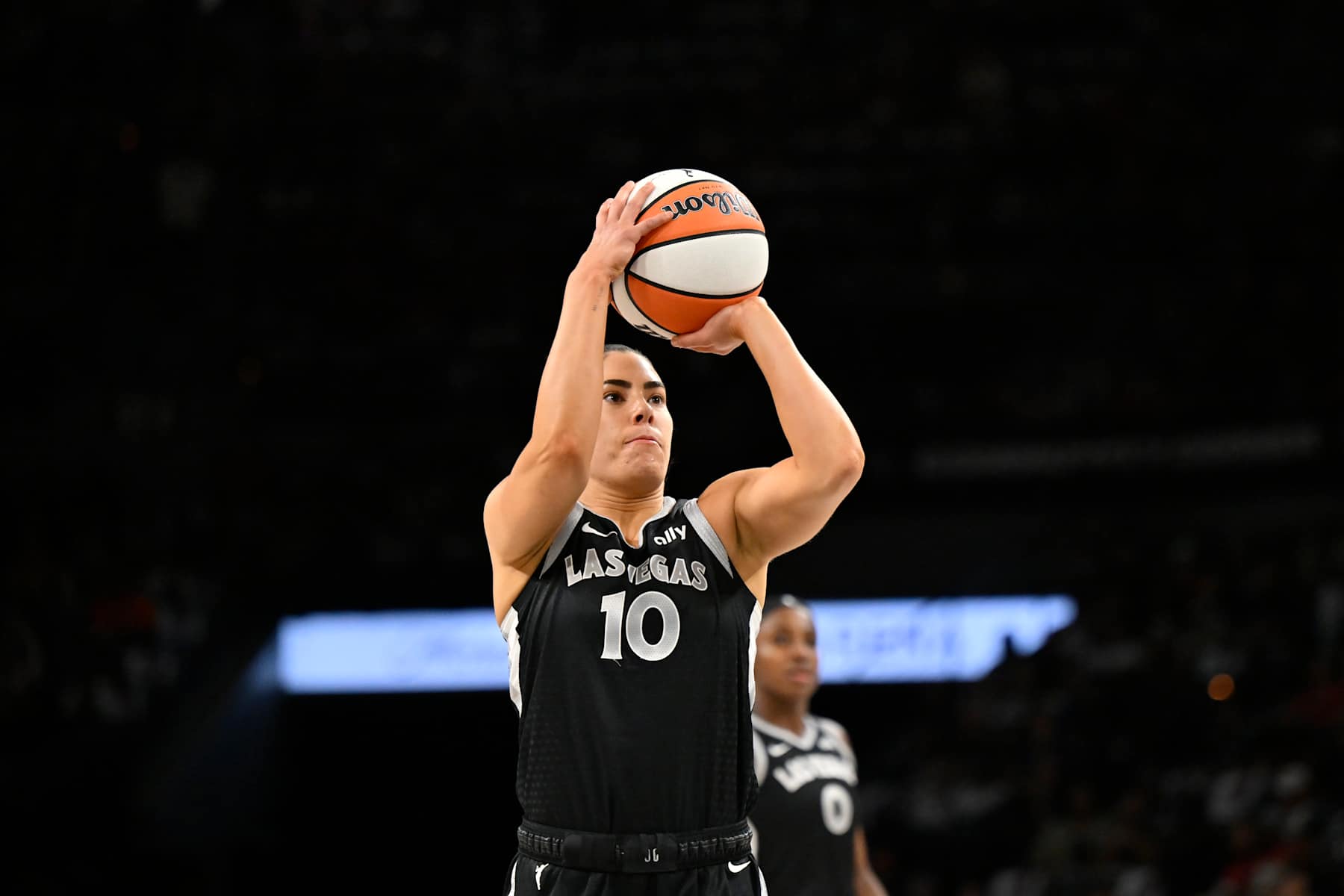 LAS VEGAS, NV - OCTOBER 6: Kelsey Plum #10 of the Las Vegas Aces shoots a free throw during the game against the New York Liberty during Round 2 Game 4 of the 2024 WNBA Playoffs on October 6, 2024 at Michelob ULTRA Arena in Las Vegas, Nevada. NOTE TO USER: User expressly acknowledges and agrees that, by downloading and or using this photograph, User is consenting to the terms and conditions of the Getty Images License Agreement. Mandatory Copyright Notice: Copyright 2024 NBAE (Photo by David Becker/NBAE via Getty Images)