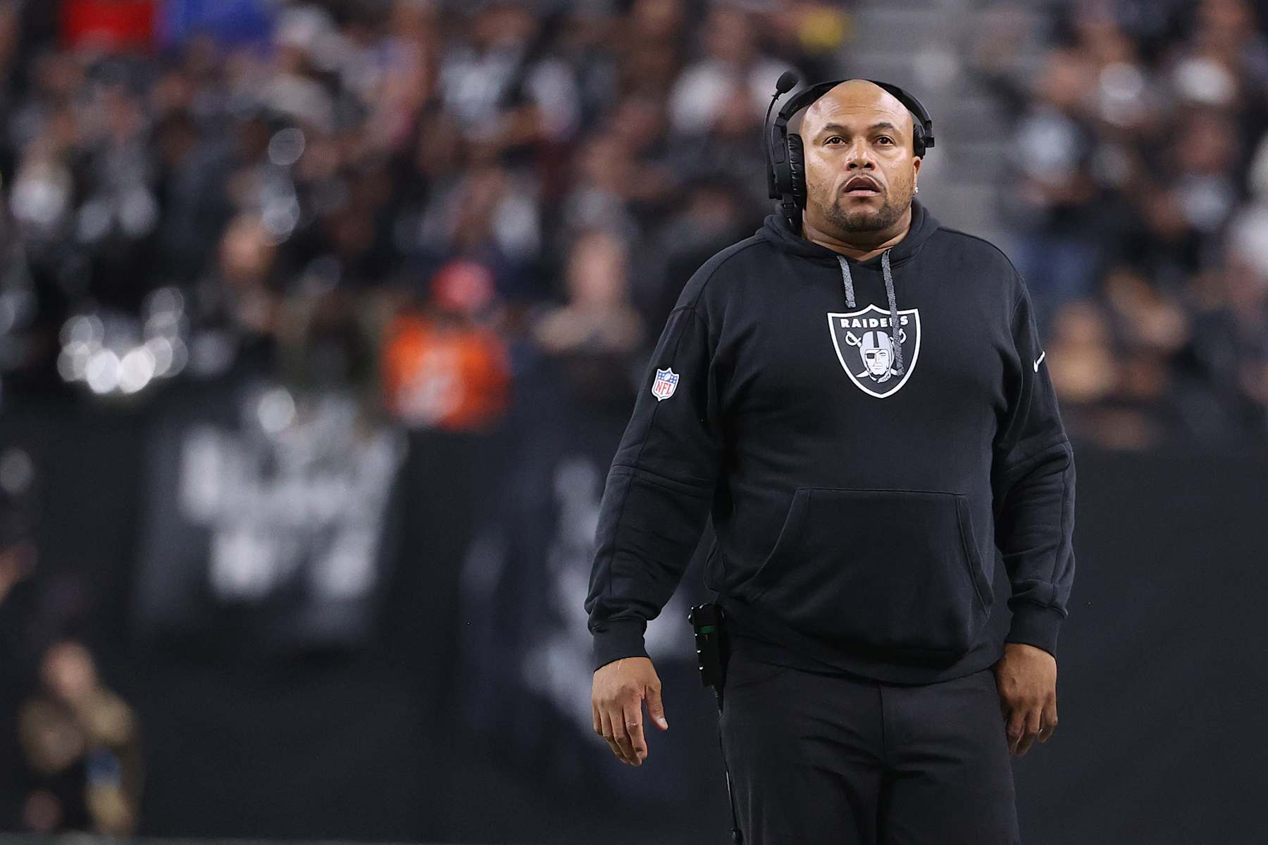 LAS VEGAS, NEVADA - NOVEMBER 24: Head coach Antonio Pierce of the Las Vegas Raiders looks on during the fourth quarter against the Denver Broncos at Allegiant Stadium on November 24, 2024 in Las Vegas, Nevada. (Photo by Ian Maule/Getty Images)