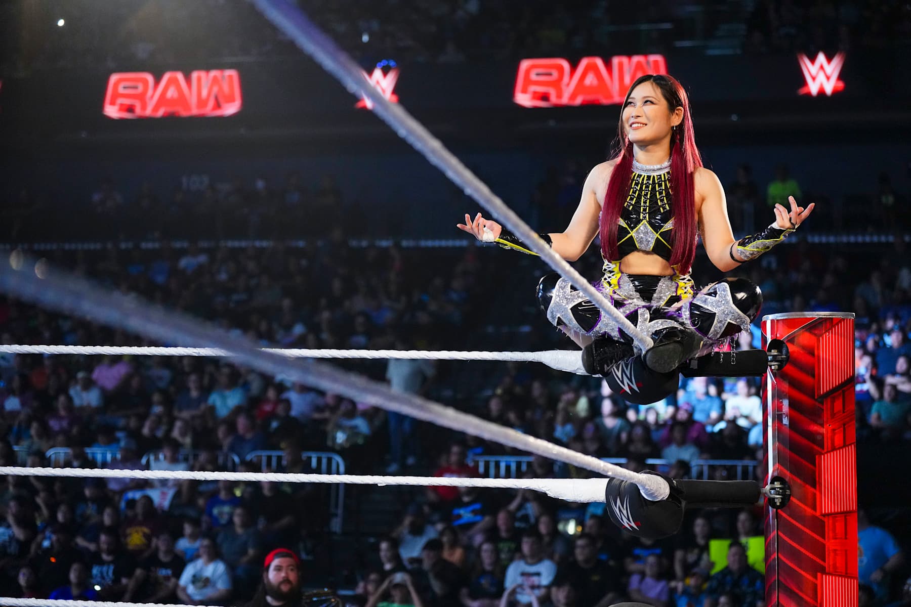 CORPUS CHRISTI, TEXAS - JUNE 17: IYO SKY poses on the ropes during Monday Night RAW at American Bank Center on June 17, 2024 in Corpus Christi, Texas. (Photo by WWE/Getty Images)