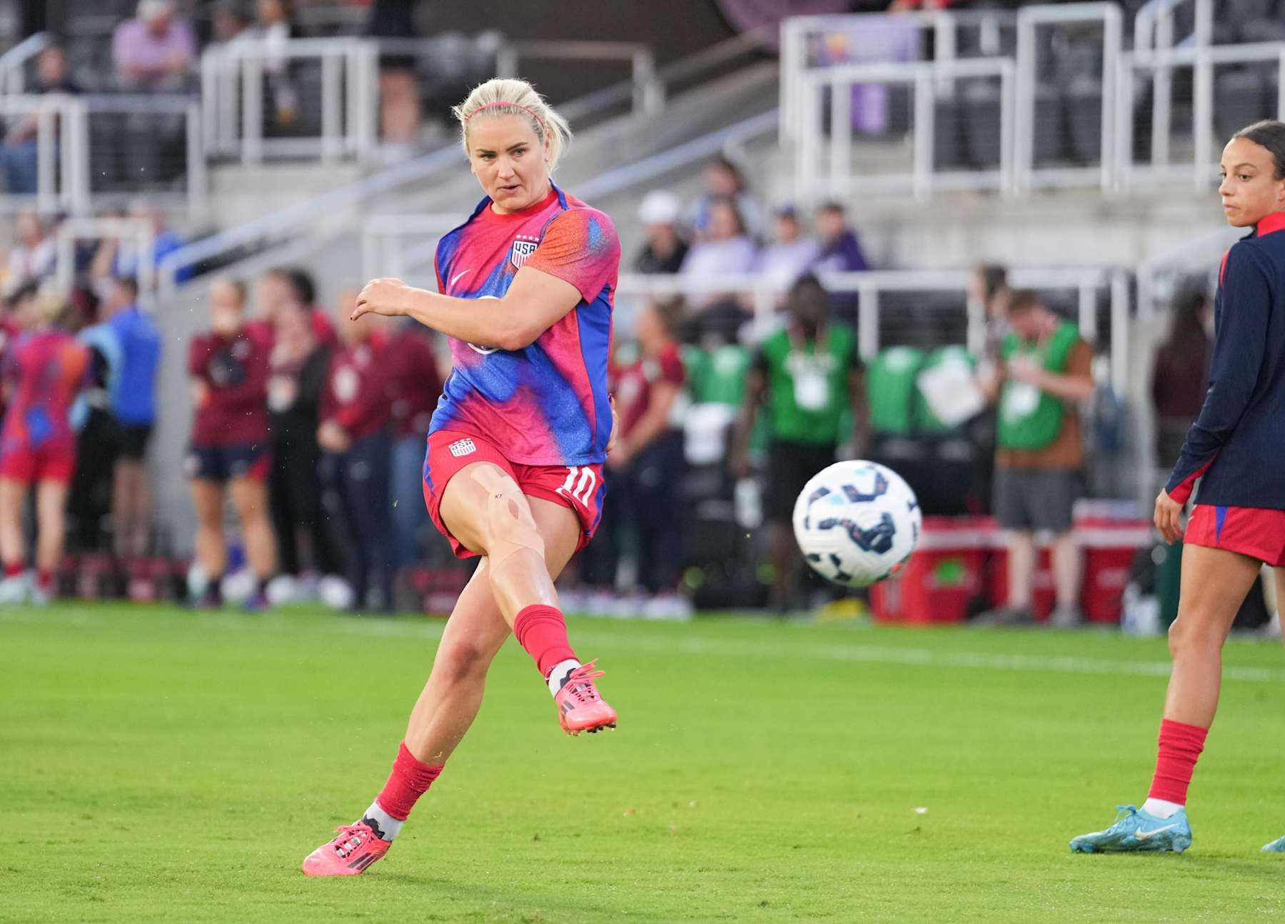 LOUISVILLE, KENTUCKY - OCTOBER 30: Lindsey Horan #10 of the United States during warmups prior to playing Argentina at Lynn Family Stadium on October 30, 2024 in Louisville, Kentucky. (Photo by Brad Smith/ISI Photos/USSF/Getty Images for USSF)