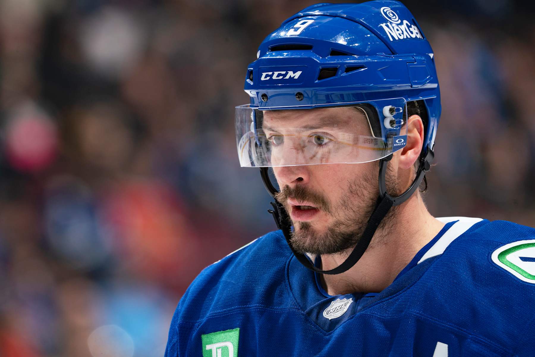VANCOUVER, CANADA - NOVEMBER 16:J.T. Miller #9 of the Vancouver Canucks skates up ice during their NHL game against the Chicago Blackhawks at Rogers Arena on November 16, 2024 in Vancouver, British Columbia, Canada. (Photo by Jeff Vinnick/NHLI via Getty Images)