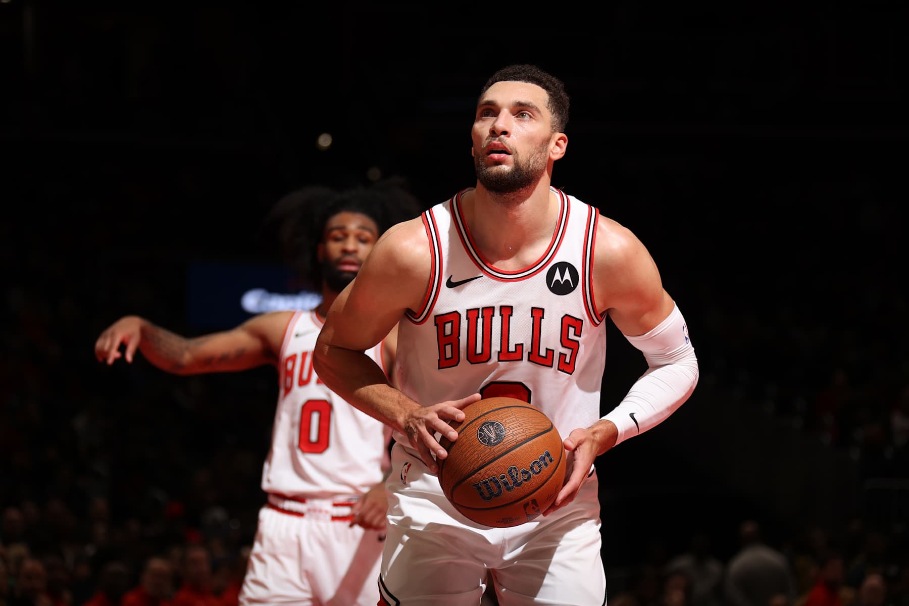 WASHINGTON, DC - NOVEMBER 26: Zach LaVine #8 of the Chicago Bulls shoots a free throw during the game against the Washington Wizards during the Emirates NBA Cup game on November 26, 2024 at Capital One Arena in Washington, DC. NOTE TO USER: User expressly acknowledges and agrees that, by downloading and or using this Photograph, user is consenting to the terms and conditions of the Getty Images License Agreement. Mandatory Copyright Notice: Copyright 2024 NBAE (Photo by Stephen Gosling/NBAE via Getty Images)