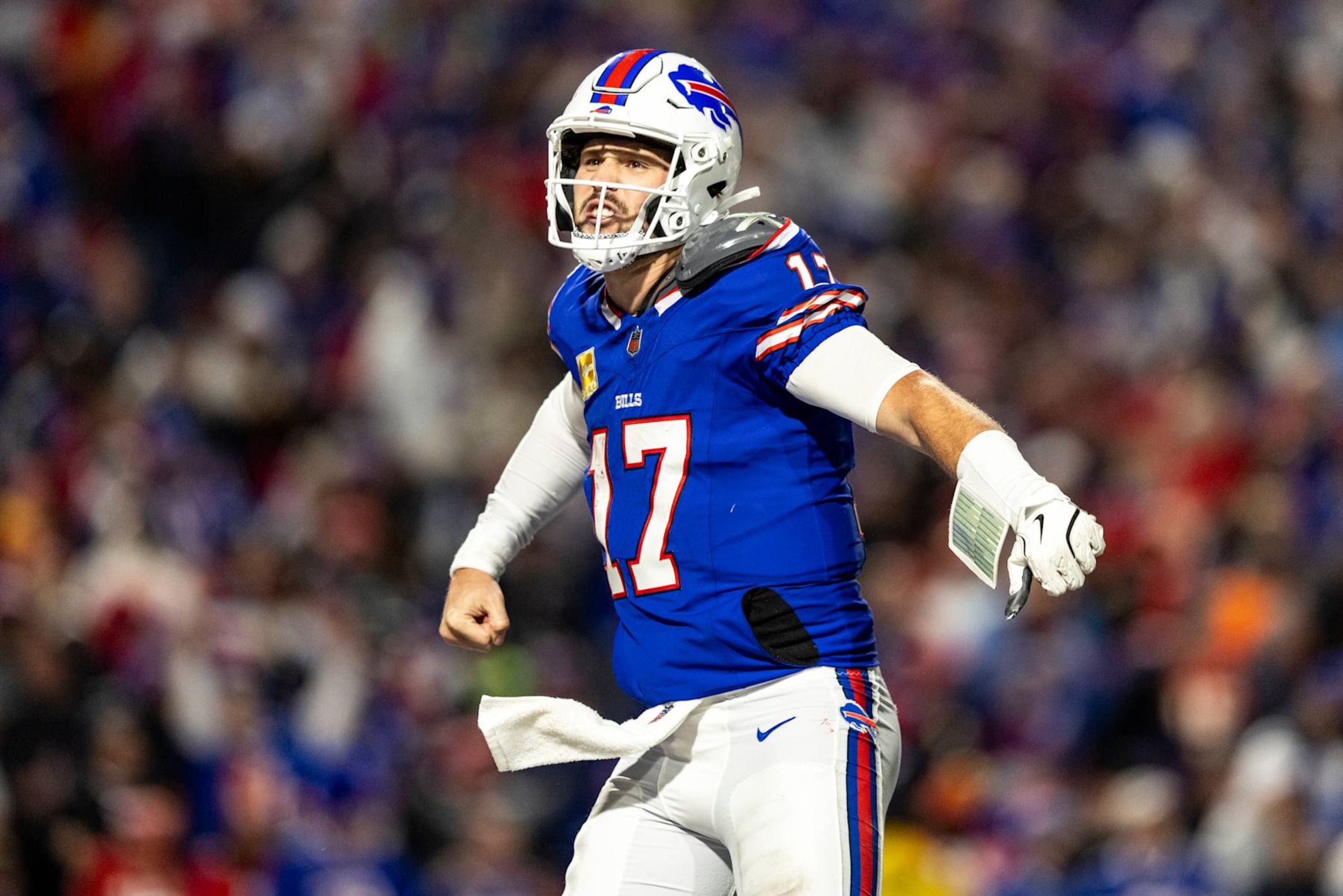 ORCHARD PARK, NEW YORK - NOVEMBER 17: Josh Allen #17 of the Buffalo Bills celebrates after scoring a touchdown in the fourth quarter of the game against the Kansas City Chiefs at Highmark Stadium on November 17, 2024 in Orchard Park, New York. The Bills beat the Chiefs 30-21. (Photo by Lauren Leigh Bacho/Getty Images) ORCHARD PARK, NEW YORK - NOVEMBER 17: Josh Allen #17 of the Buffalo Bills celebrates after scoring a touchdown in the fourth quarter of the game against the Kansas City Chiefs at Highmark Stadium on November 17, 2024 in Orchard Park, New York. The Bills beat the Chiefs 30-21. (Photo by Lauren Leigh Bacho/Getty Images)