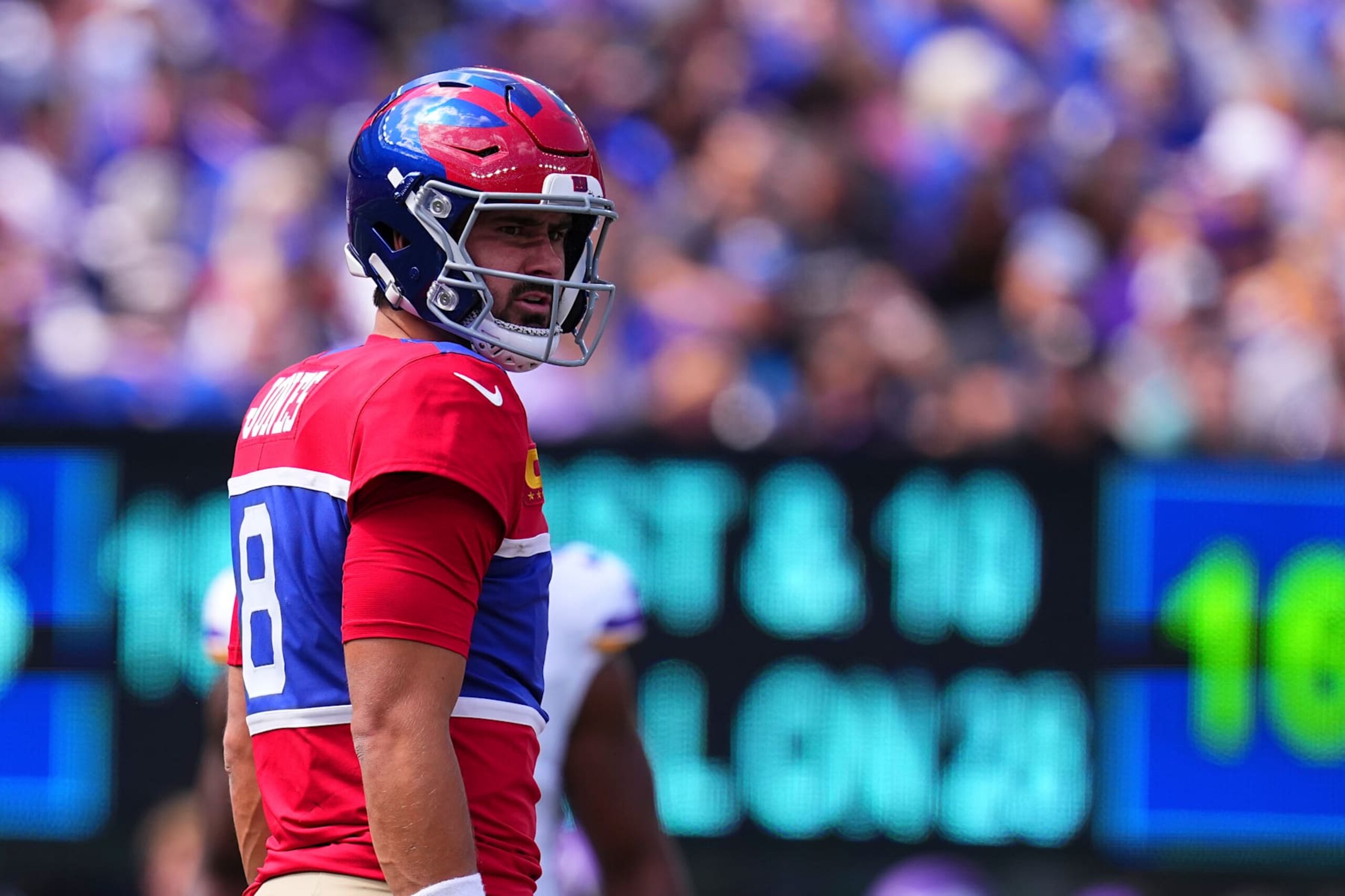 EAST RUTHERFORD, NEW JERSEY - SEPTEMBER 8: Daniel Jones #8 of the New York Giants looks on against the Minnesota Vikings at MetLife Stadium on September 8, 2024 in East Rutherford, New Jersey. (Photo by Mitchell Leff/Getty Images) EAST RUTHERFORD, NEW JERSEY - SEPTEMBER 8: Daniel Jones #8 of the New York Giants looks on against the Minnesota Vikings at MetLife Stadium on September 8, 2024 in East Rutherford, New Jersey. (Photo by Mitchell Leff/Getty Images)