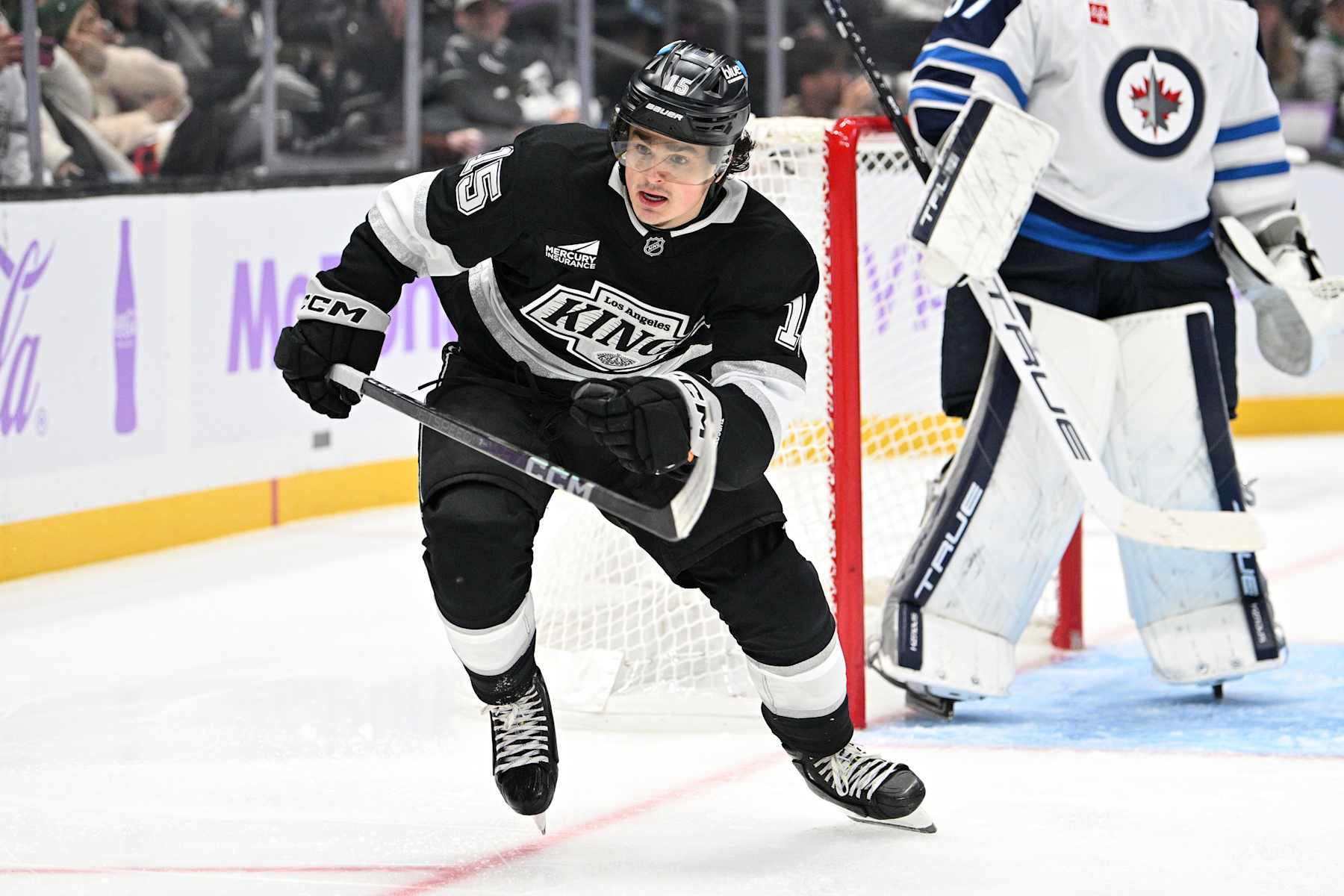 LOS ANGELES, CA - NOVEMBER 27: Los Angeles Kings Center Alex Turcotte (15) skates towards the play during a Los Angeles Kings game versus the Winnipeg Jets on November 27th, 2024, at the Crypto.com Arena in Los Angeles, CA. (Photo by Rob Curtis/Icon Sportswire via Getty Images)