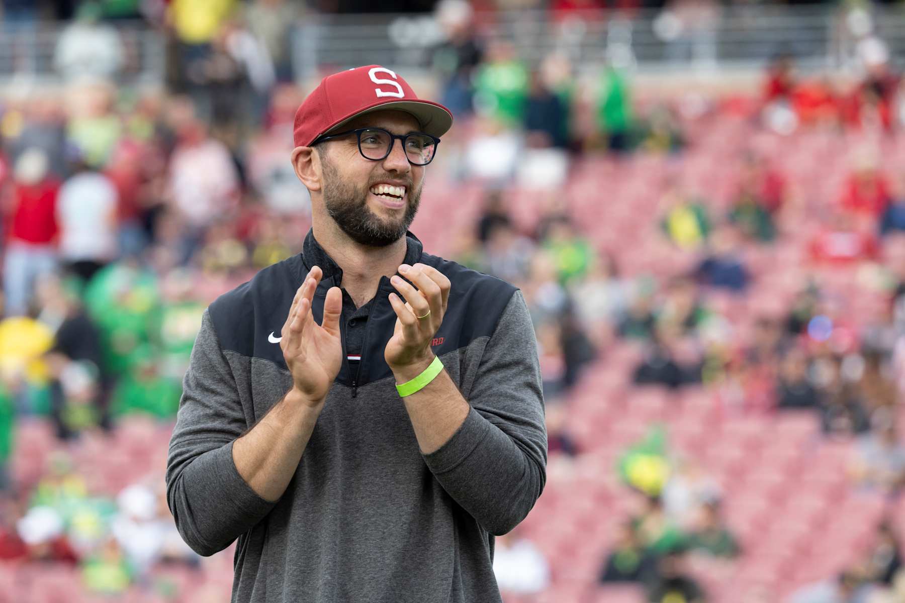 PALO ALTO, CA - SEPTEMBER 30:  Former Stanford and NFL quarterback Andrew Luck is inducted into the Stanford Athletics Hall of Fame at halftime of a Pac-12 NCAA college football game between the Stanford Cardinal and the Oregon Ducks on September 30, 2023 at Stanford Stadium in Palo Alto, California.  (Photo by David Madison/Getty Images)