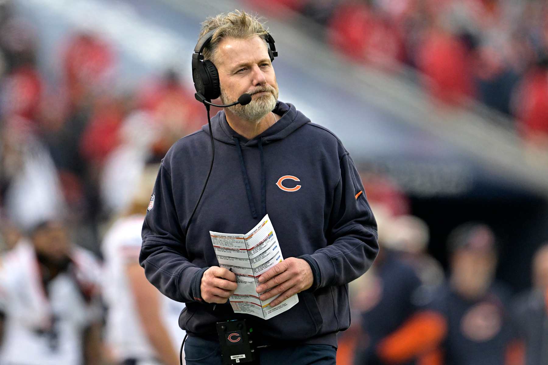 CHICAGO, ILLINOIS - NOVEMBER 24: Head coach Matt Eberflus of the Chicago Bears reacts during the fourth quarter against the Minnesota Vikings at Soldier Field on November 24, 2024 in Chicago, Illinois. (Photo by Quinn Harris/Getty Images)