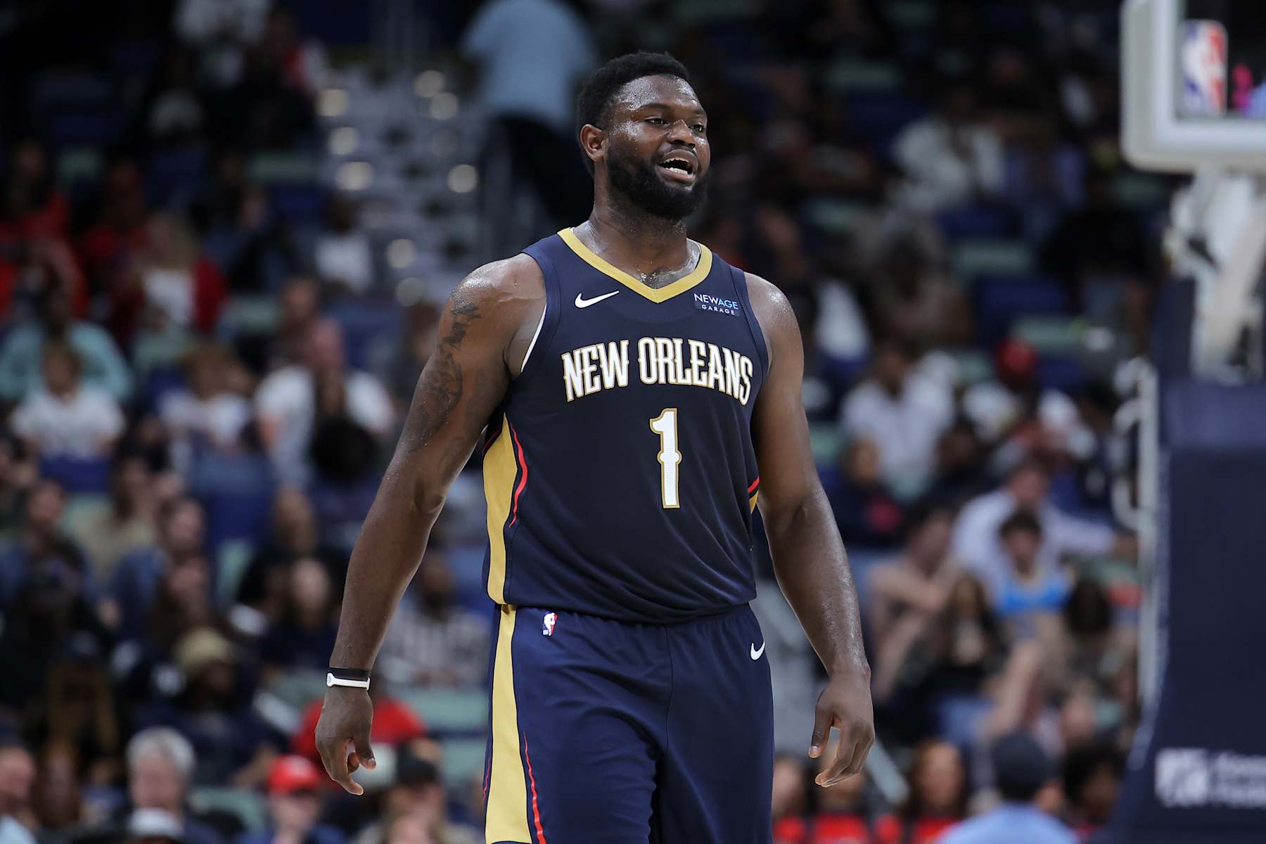 NEW ORLEANS, LOUISIANA - NOVEMBER 06: Zion Williamson #1 of the New Orleans Pelicans reacts against the Cleveland Cavaliers during the second half at the Smoothie King Center on November 06, 2024 in New Orleans, Louisiana. NOTE TO USER: User expressly acknowledges and agrees that, by downloading and or using this Photograph, user is consenting to the terms and conditions of the Getty Images License Agreement. (Photo by Jonathan Bachman/Getty Images)