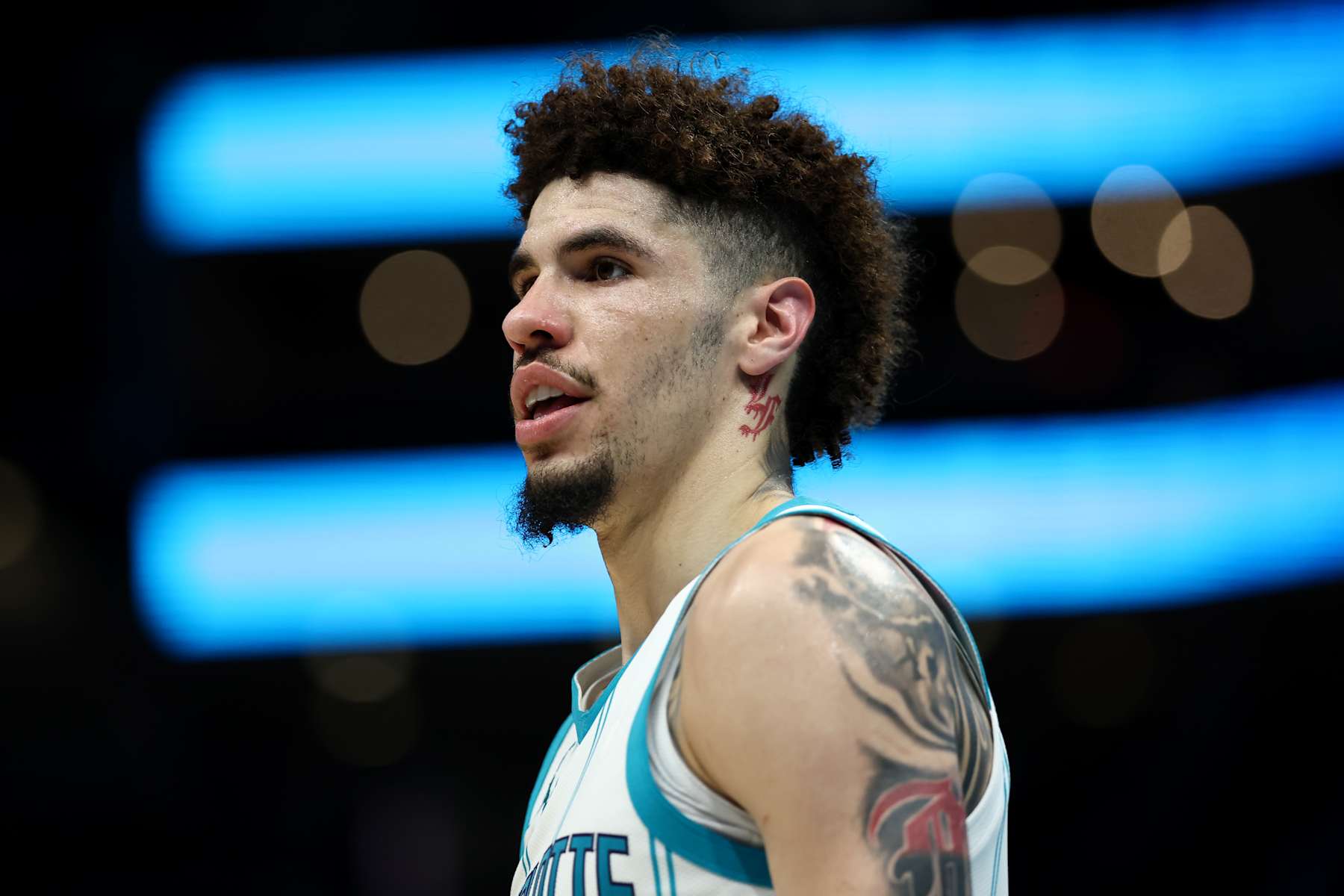 CHARLOTTE, NORTH CAROLINA - NOVEMBER 27: LaMelo Ball #1 of the Charlotte Hornets looks on during the second half of the game against the Miami Heat at Spectrum Center on November 27, 2024 in Charlotte, North Carolina. NOTE TO USER: User expressly acknowledges and agrees that, by downloading and or using this photograph, User is consenting to the terms and conditions of the Getty Images License Agreement. (Photo by Jared C. Tilton/Getty Images)