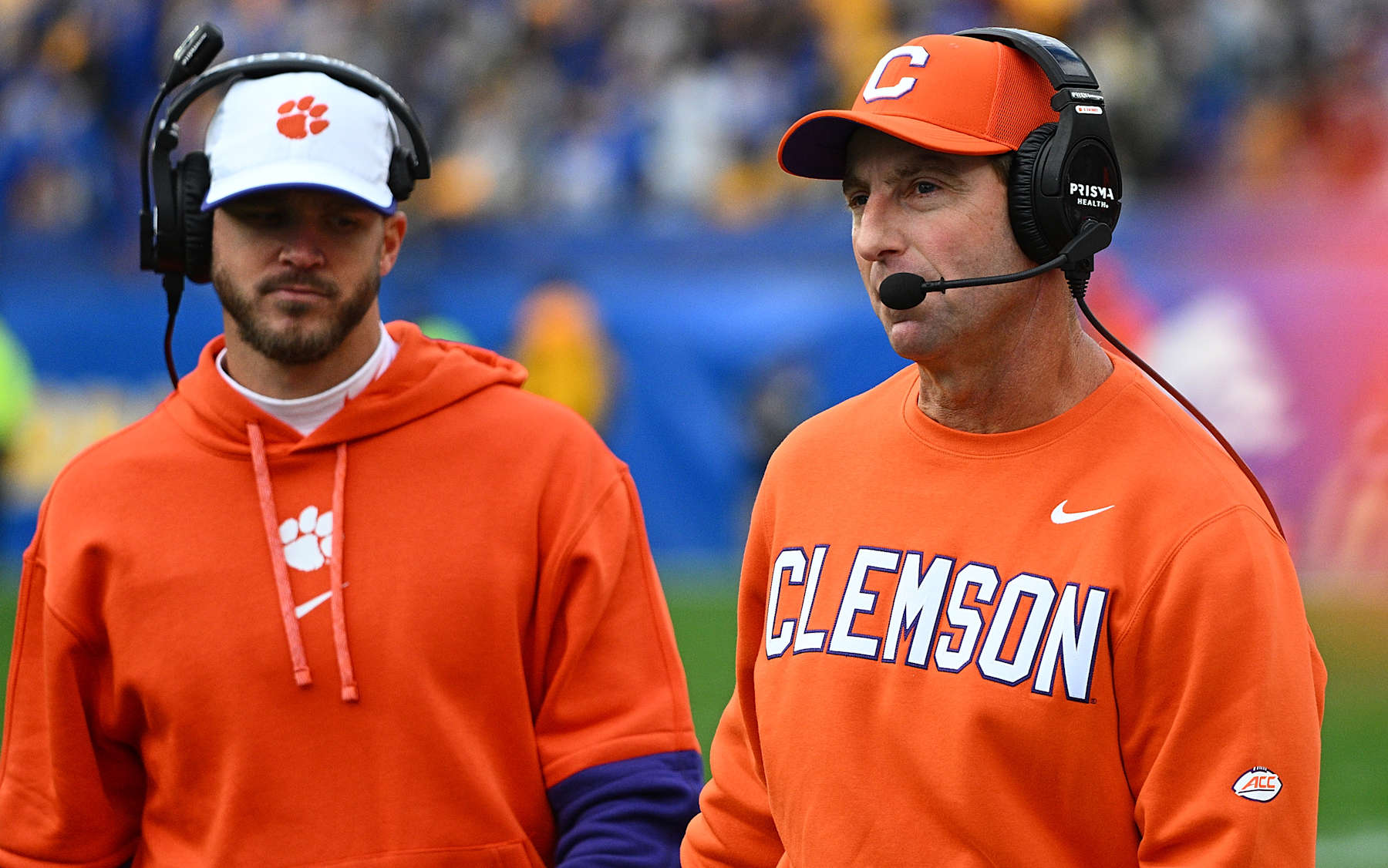 PITTSBURGH, PENNSYLVANIA - NOVEMBER 16: Head coach Dabo Swinney of the Clemson Tigers looks on from the sidelines in the second quarter during the game against the Pittsburgh Panthers at Acrisure Stadium on November 16, 2024 in Pittsburgh, Pennsylvania.  (Photo by Justin Berl/Getty Images)