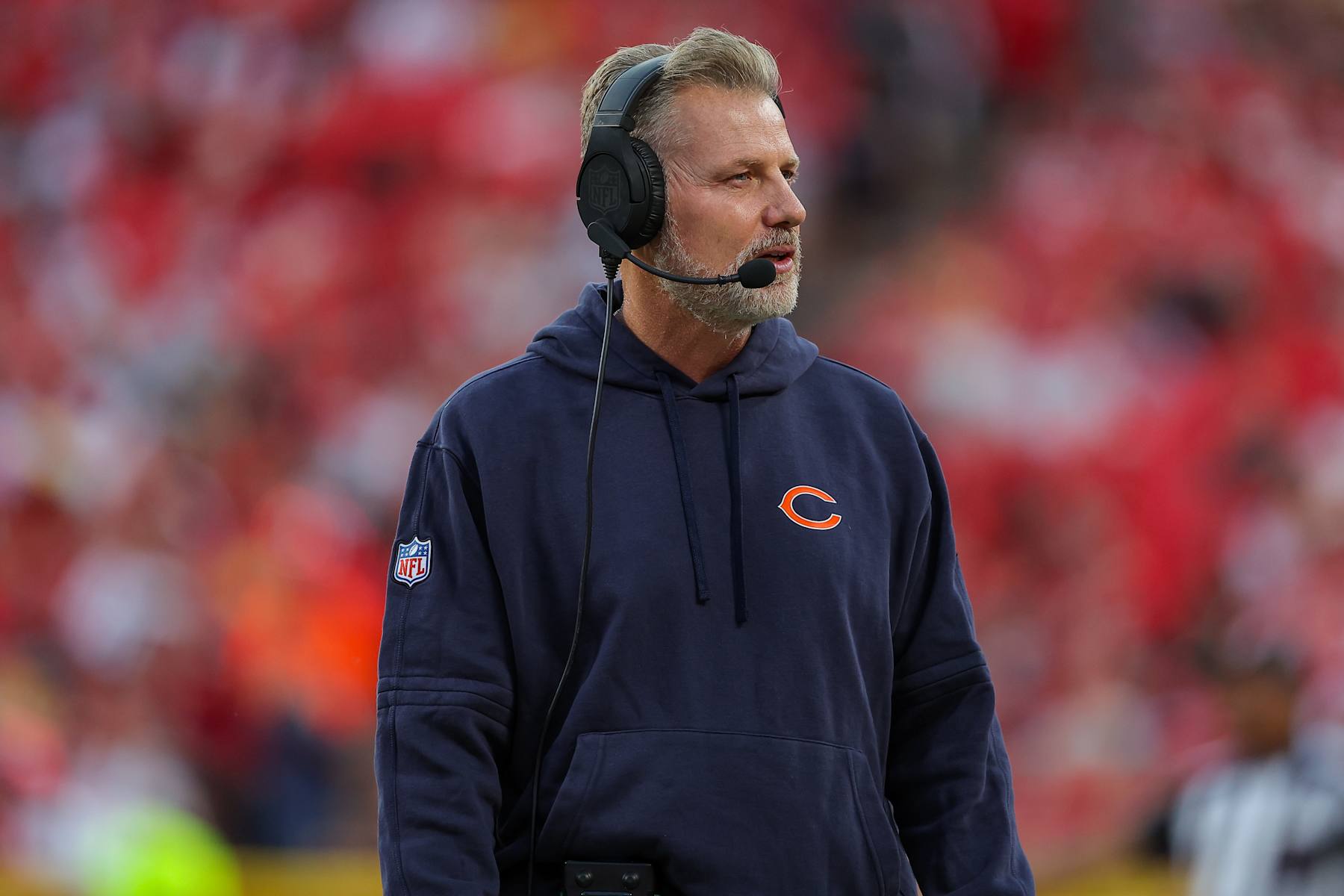 KANSAS CITY, MISSOURI - AUGUST 22: Matt Eberflus, head coach of the Chicago Bears, watches preseason game action against the Kansas City Chiefs at GEHA Field at Arrowhead Stadium on August 22, 2024 in Kansas City, Missouri.  (Photo by David Eulitt/Getty Images)