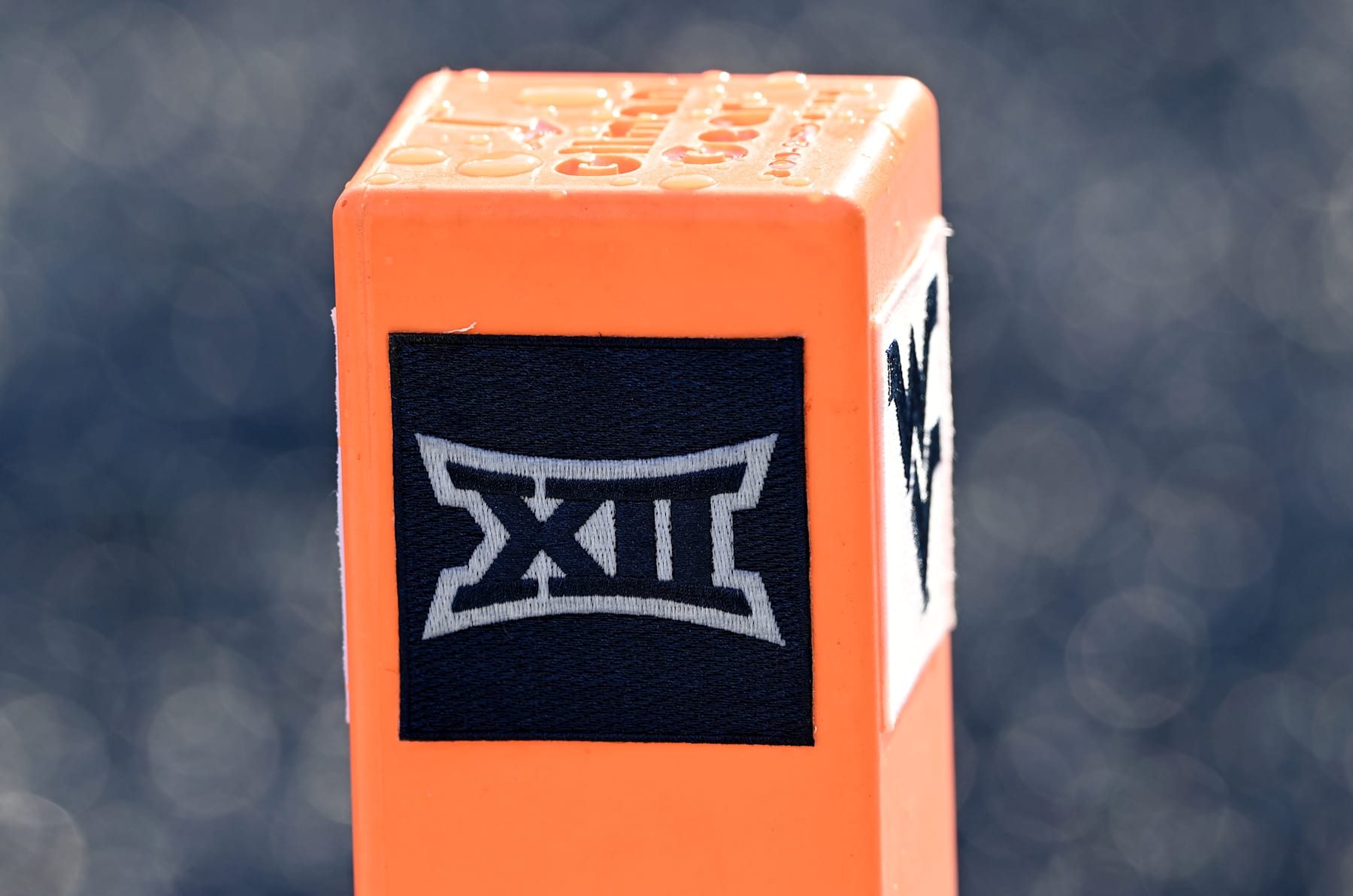 MORGANTOWN, WEST VIRGINIA - SEPTEMBER 21: A view of the Big 12 logo on the end zone pylon during the game between the West Virginia Mountaineers and the Kansas Jayhawks against the at Milan Puskar Stadium on September 21, 2024 in Morgantown, West Virginia. (Photo by G Fiume/Getty Images)