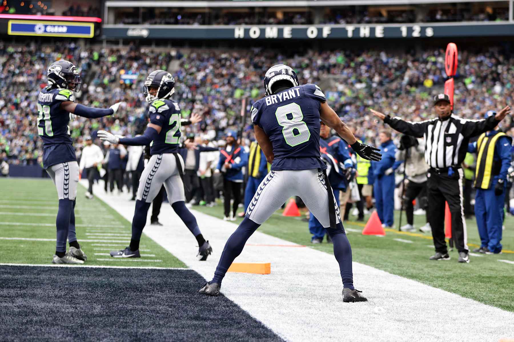 SEATTLE, WASHINGTON - NOVEMBER 24: Coby Bryant #8 of the Seattle Seahawks reacts to a play during the game against the Arizona Cardinals during the second quarter at Lumen Field on November 24, 2024 in Seattle, Washington. (Photo by Rio Giancarlo/Getty Images)