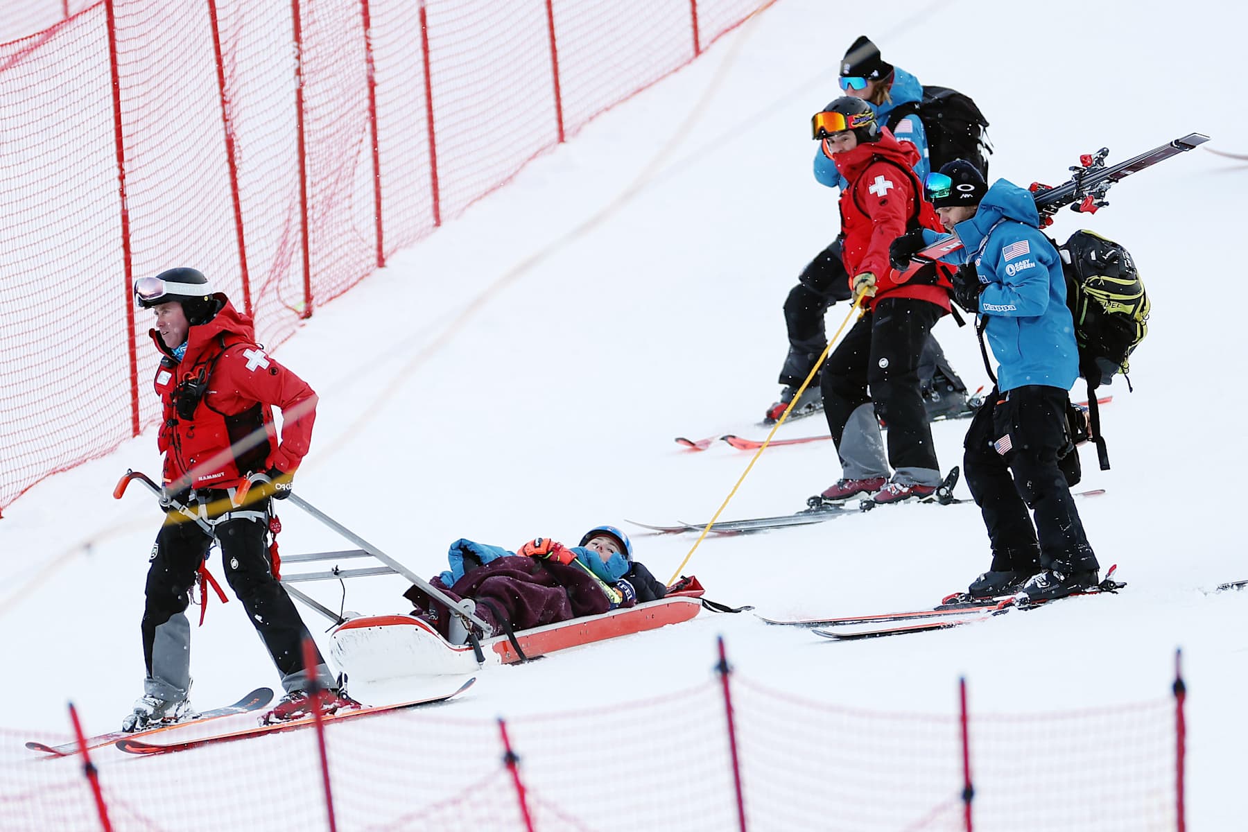 KILLINGTON, VERMONT - NOVEMBER 30: Mikaela Shiffrin of the United States is taken off the course by ski patrol after a crash during the second run of the Women's Giant Slalom during the STIFEL Killington FIS World Cup race at Killington Resort on November 30, 2024 in Killington, Vermont. (Photo by Sarah Stier/Getty Images)
