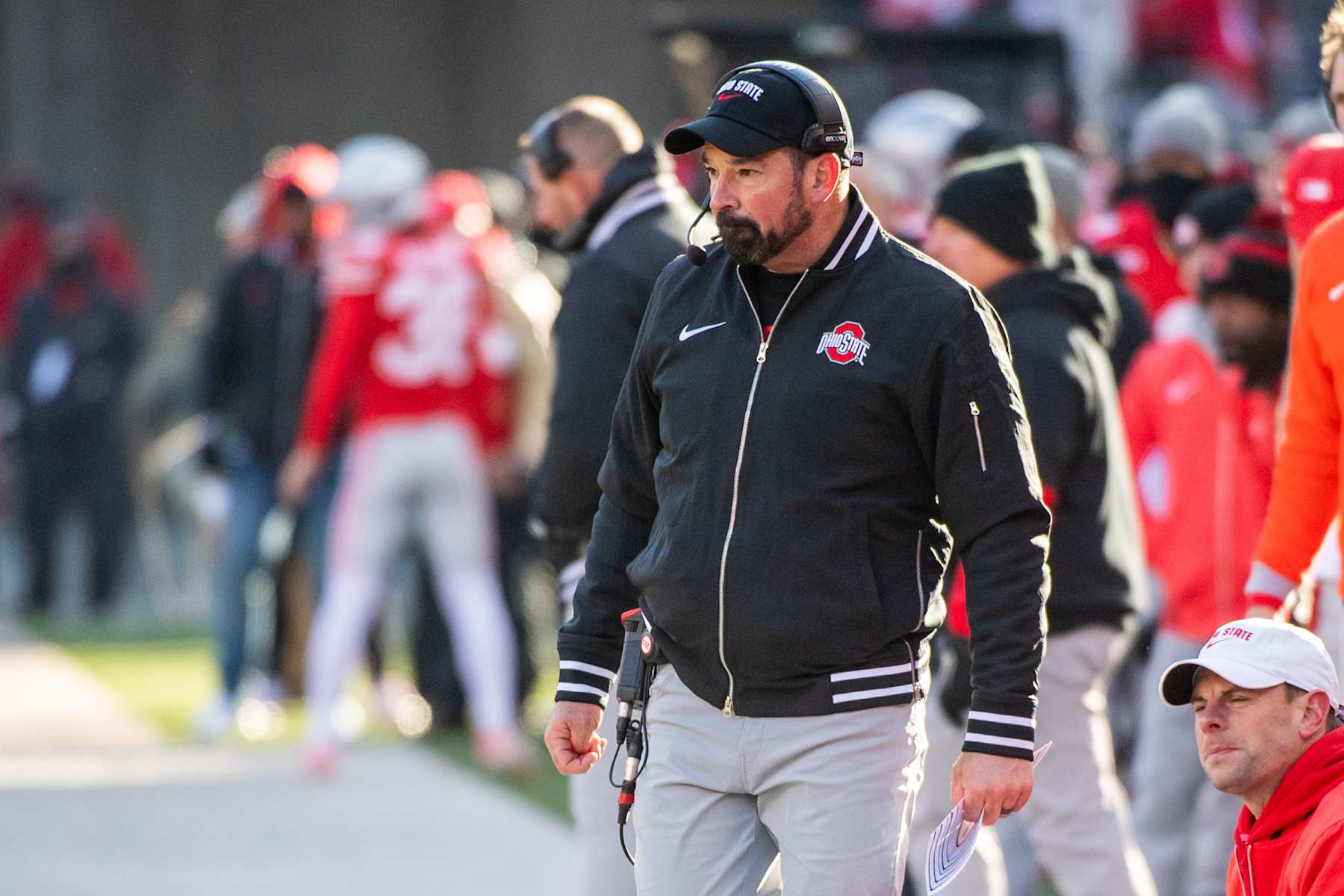COLUMBUS, OHIO - NOVEMBER 30: Head Coach Ryan Day of the Ohio State Buckeyes watches a play during the second half of a college football game against the Michigan Wolverines at Ohio Stadium on November 30, 2024 in Columbus, OH. The Michigan Wolverines won the game 13-10. (Photo by Aaron J. Thornton/Getty Images)