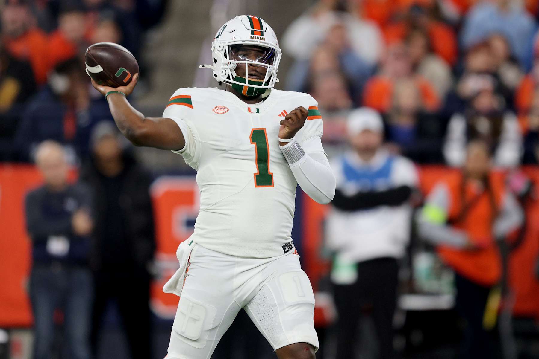 SYRACUSE, NEW YORK - NOVEMBER 30: Cam Ward #1 of the Miami Hurricanes throws a pass during the second quarter against the Syracuse Orange at JMA Wireless Dome on November 30, 2024 in Syracuse, New York. (Photo by Bryan M. Bennett/Getty Images)