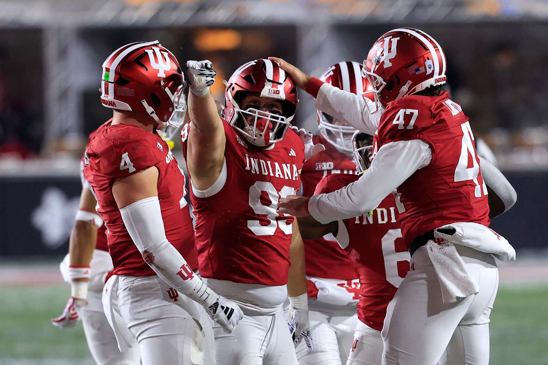 BLOOMINGTON, INDIANA - NOVEMBER 30: James Carpenter #99 of the Indiana Hoosiers reacts after a first down from a fake punt during the third quarter against the Purdue Boilermakers at Memorial Stadium on November 30, 2024 in Bloomington, Indiana. (Photo by Justin Casterline/Getty Images)