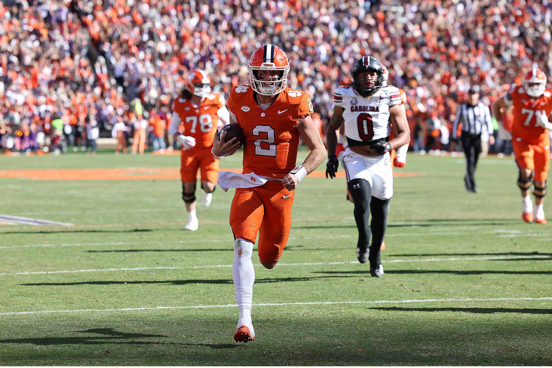 CLEMSON, SC - NOVEMBER 30: Clemson Tigers quarterback Cade Klubnik (2) runs to the end zone for a touchdown during a college football game between the South Carolina Gamecocks and the Clemson Tigers on November 30, 2024 at Clemson Memorial Stadium in Clemson, S.C. (Photo by John Byrum/Icon Sportswire via Getty Images)