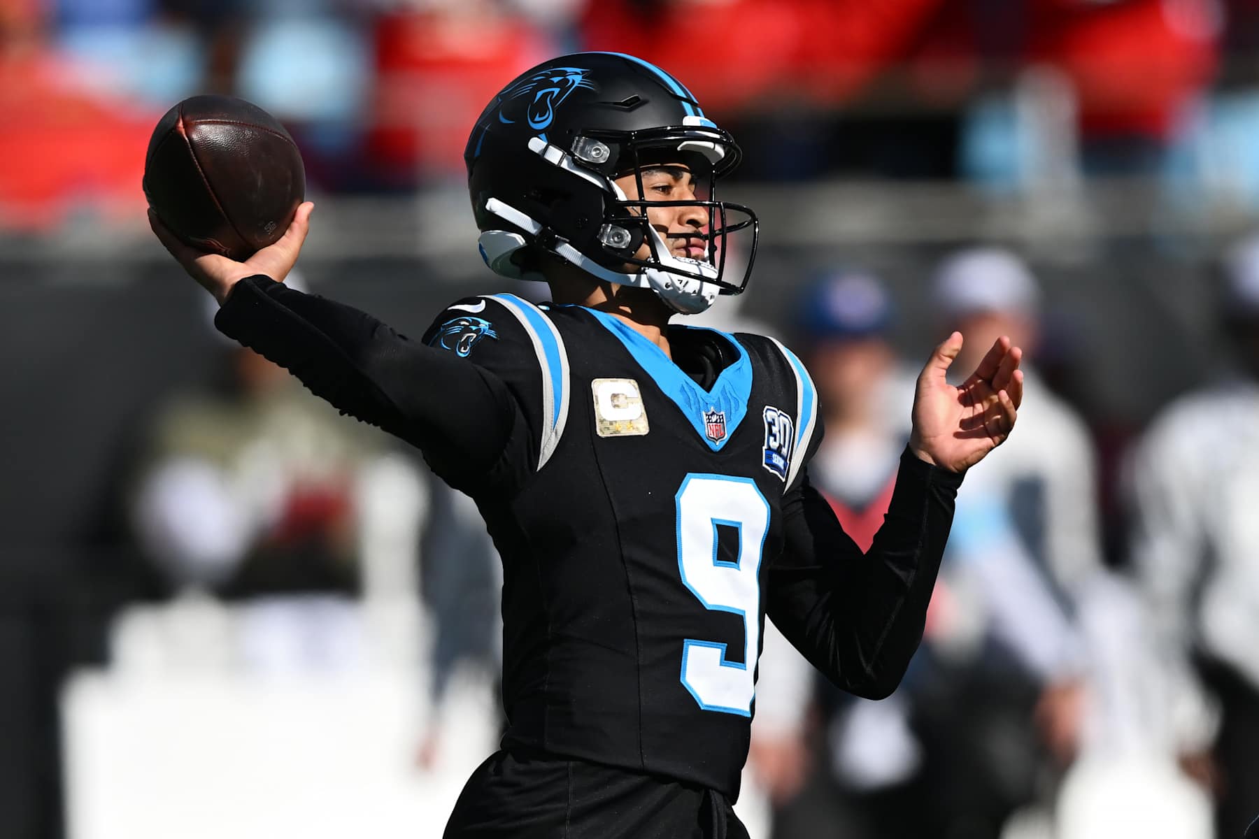 CHARLOTTE, NORTH CAROLINA - NOVEMBER 24: Bryce Young #9 of the Carolina Panthers throws a pass during the first quarter against the Kansas City Chiefs at Bank of America Stadium on November 24, 2024 in Charlotte, North Carolina. (Photo by Matt Kelley/Getty Images)
