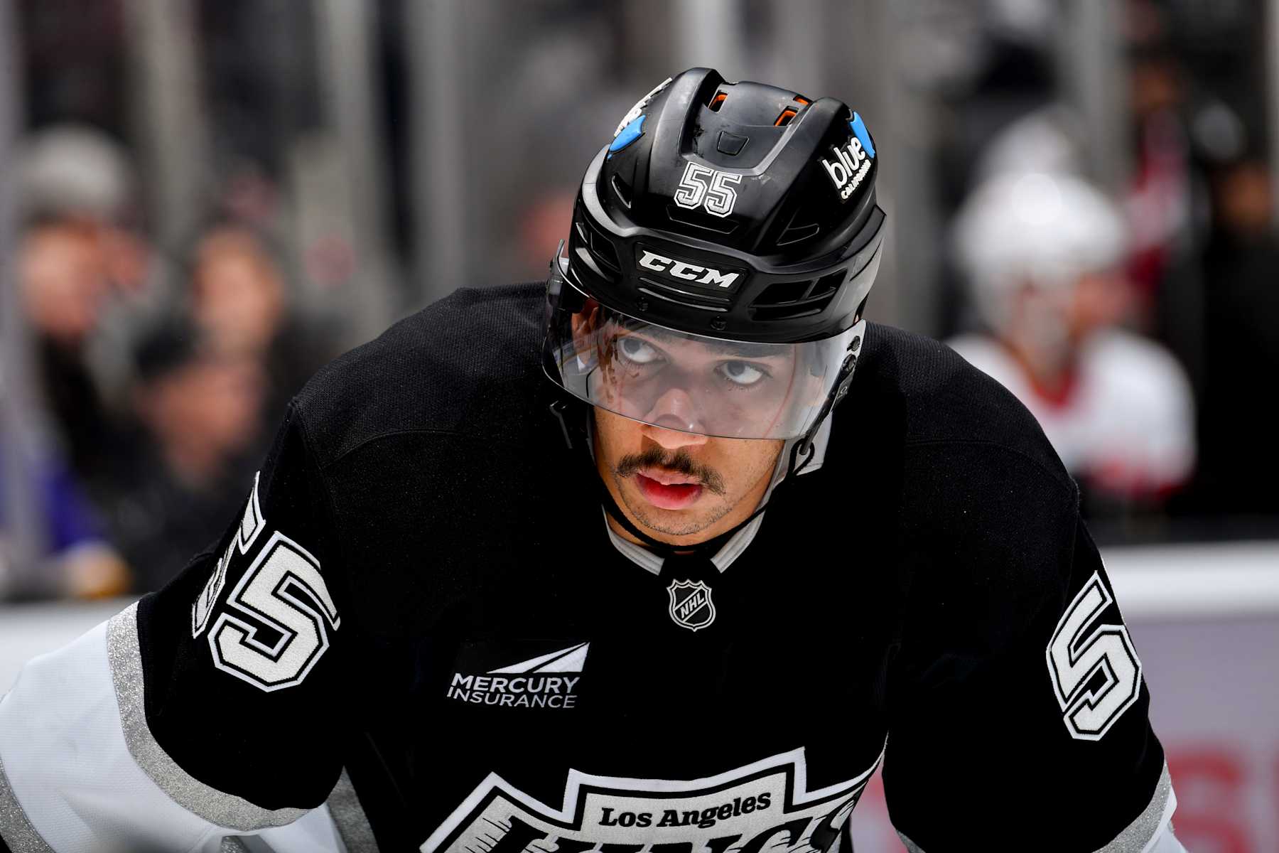 LOS ANGELES, CA - NOVEMBER 30: Quinton Byfield #55 of the Los Angeles Kings looks on during the third period against the Ottawa Senators at Crypto.com Arena on November 30, 2024 in Los Angeles, California. (Photo by Juan Ocampo/NHLI via Getty Images)