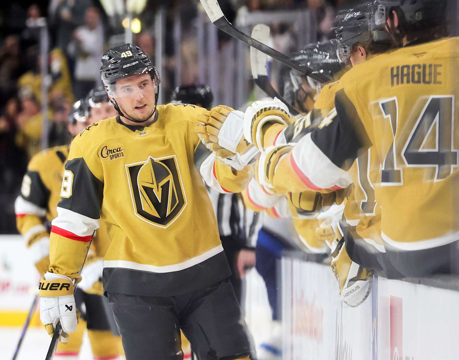 LAS VEGAS, NEVADA - NOVEMBER 29: Ivan Barbashev #49 of the Vegas Golden Knights celebrates with teammates on the bench after scoring a first-period goal against the Winnipeg Jets during their game at T-Mobile Arena on November 29, 2024 in Las Vegas, Nevada. (Photo by Ethan Miller/Getty Images)