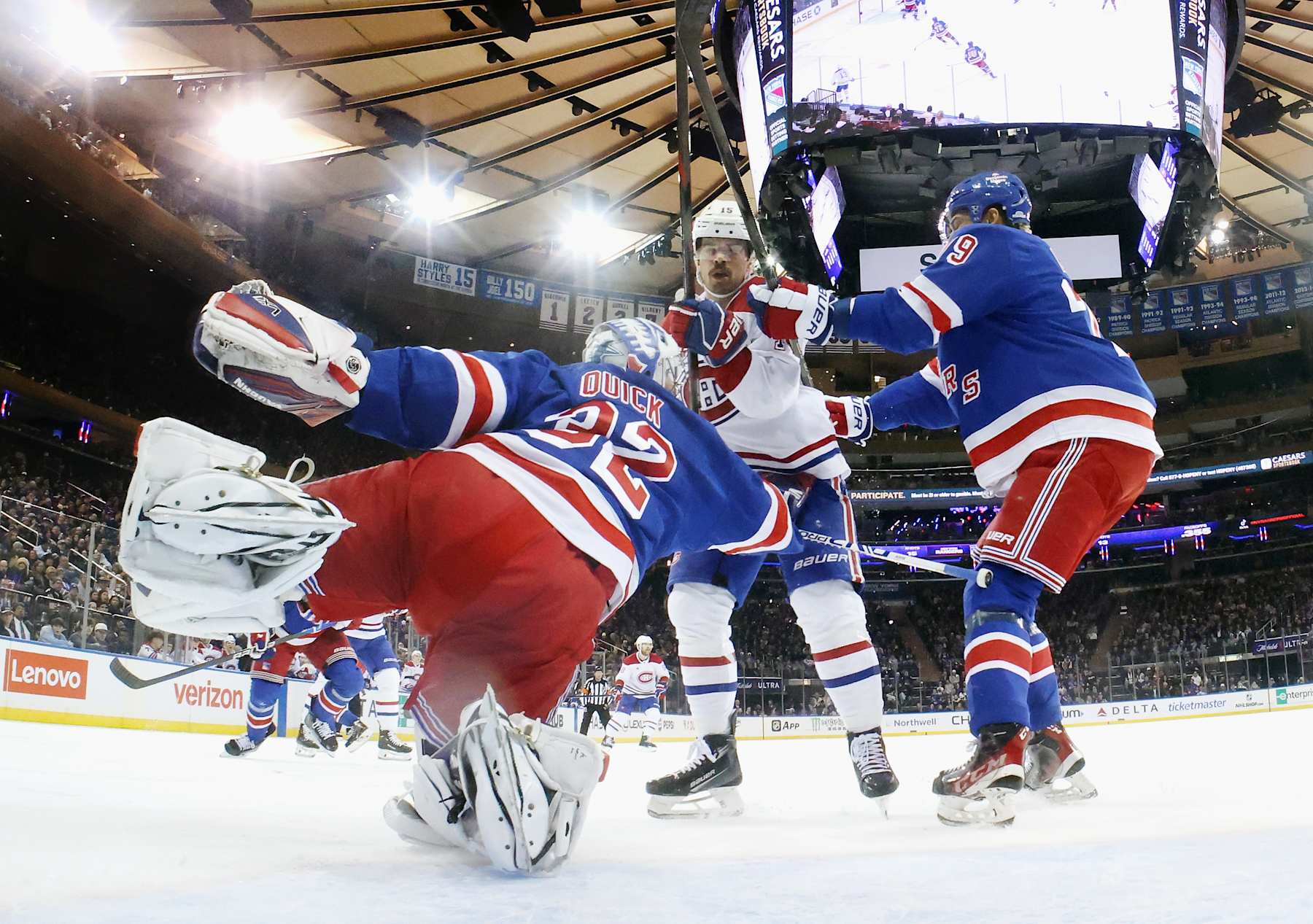 NEW YORK, NEW YORK - NOVEMBER 30: Vincent Trocheck #16 of the New York Rangers of the New York Rangers scores a first period goal against Sam Montembeault #35 of the Montreal Canadiens at Madison Square Garden on November 30, 2024 in New York City. The Rangers defeated the Canadiens 4-3. (Photo by Bruce Bennett/Getty Images)