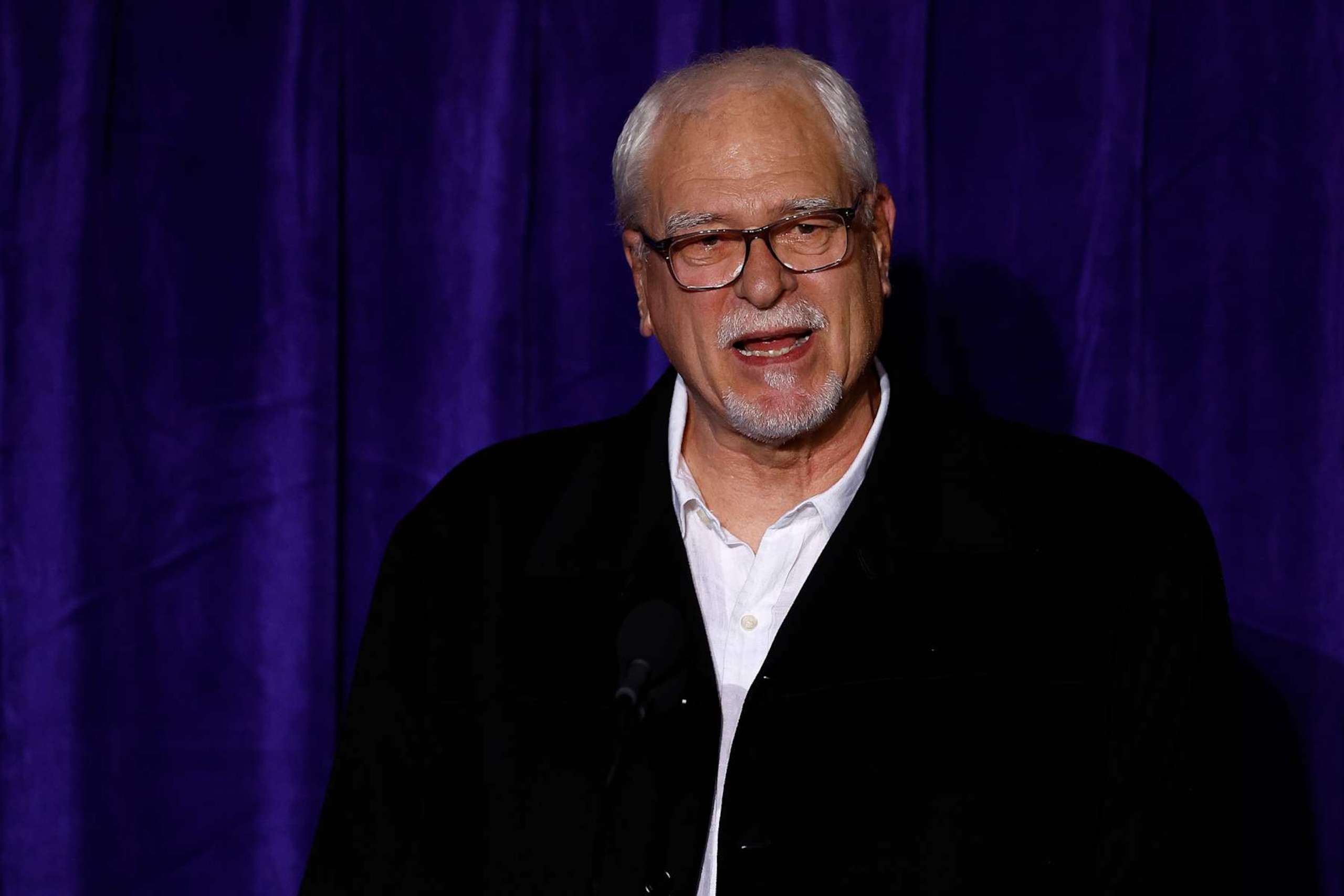 LOS ANGELES, CALIFORNIA - FEBRUARY 08:  Phil Jackson speaks during a unveiling ceremony for the Kobe Bryant Statue at Crypto.com Arena on February 08, 2024 in Los Angeles, California.  NOTE TO USER: User expressly acknowledges and agrees that, by downloading and/or using this photograph, user is consenting to the terms and conditions of the Getty Images License Agreement.  (Photo by Ronald Martinez/Getty Images)