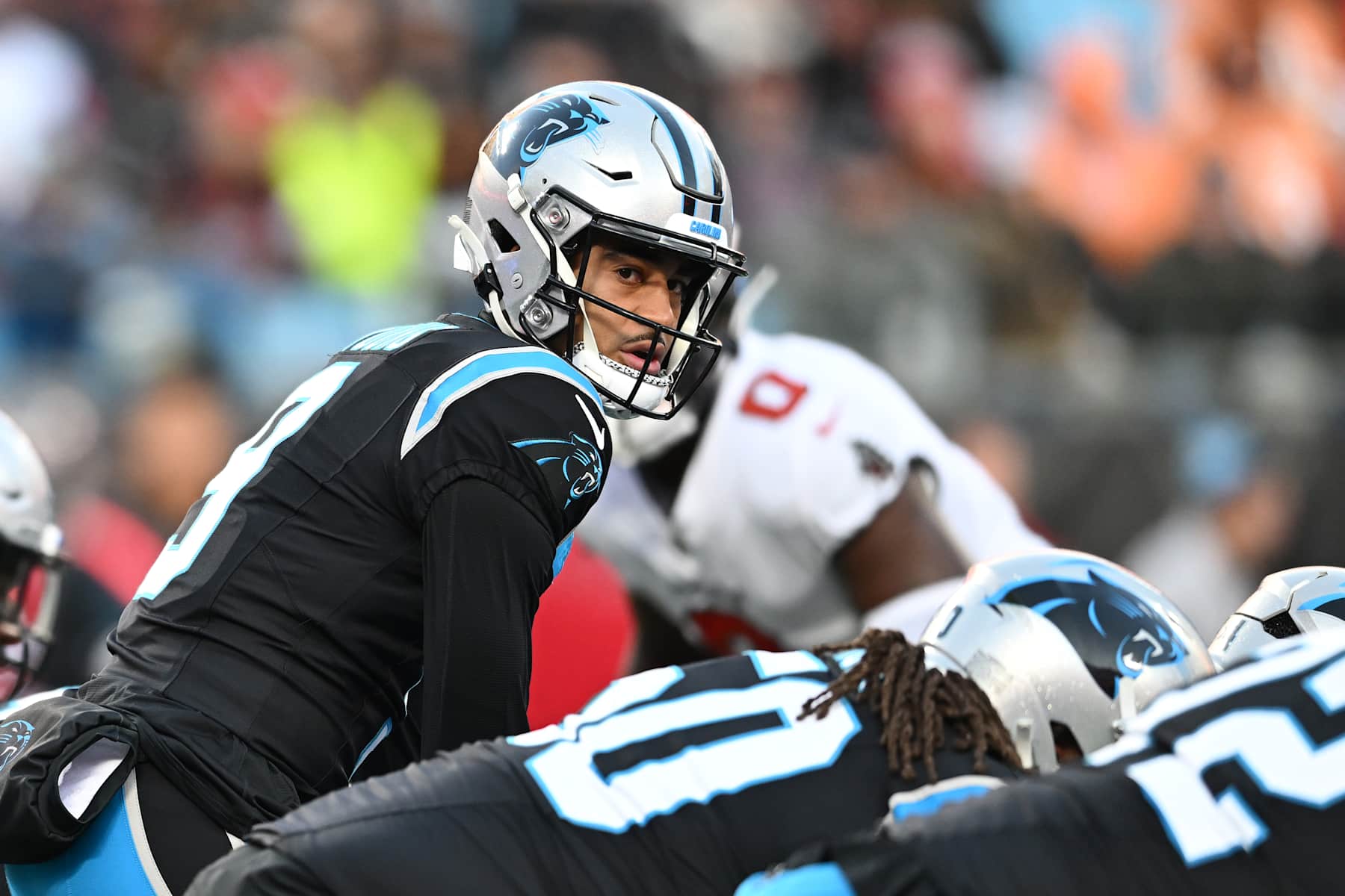 CHARLOTTE, NORTH CAROLINA - DECEMBER 01: Quarterback Bryce Young #9 of the Carolina Panthers looks on during the first quarter against the Tampa Bay Buccaneers at Bank of America Stadium on December 01, 2024 in Charlotte, North Carolina. (Photo by Matt Kelley/Getty Images)